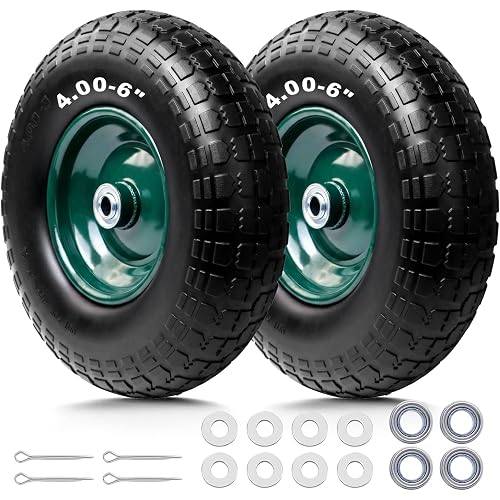 Storystore 2-Pack 4.00-6 Flat Free Tire and Wheel - 13" Wheelbarrow Tires with 5/8" or 3/4" Bearings, 1.75" Centered Hub Heavy Duty Solid Tire for Wheelbarrows, Dolly, Hand Trucks, Wagon and Trailer