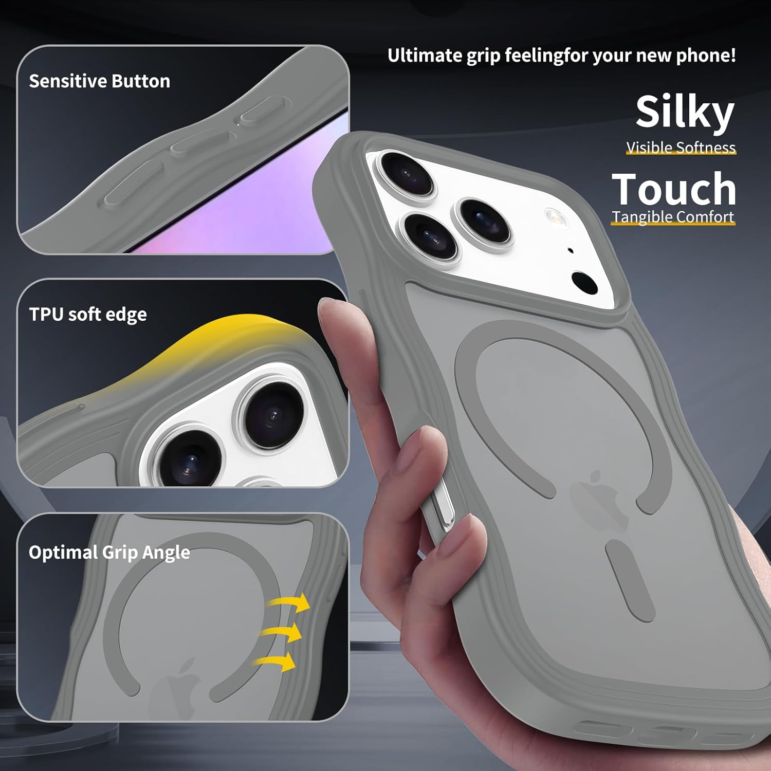 magnetic for iphone 17 pro case, (compatible with magsafe) curly wavy frame hard translucent matte clear back cover for women men tpu bumper shockproof phone case (gray) matte gray for iphone 17 pro
