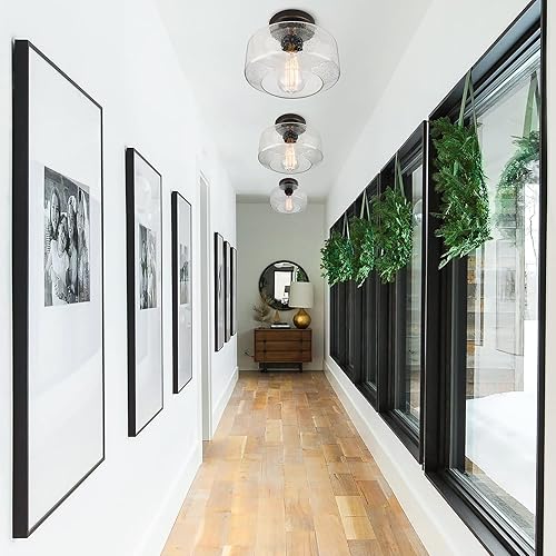 Miniatura 4 de SunRider Lámpara de techo industrial semiempotrada, pantalla de lámpara colgante de vidrio sembrado, luces de granja de bronce aceitado para pasillo