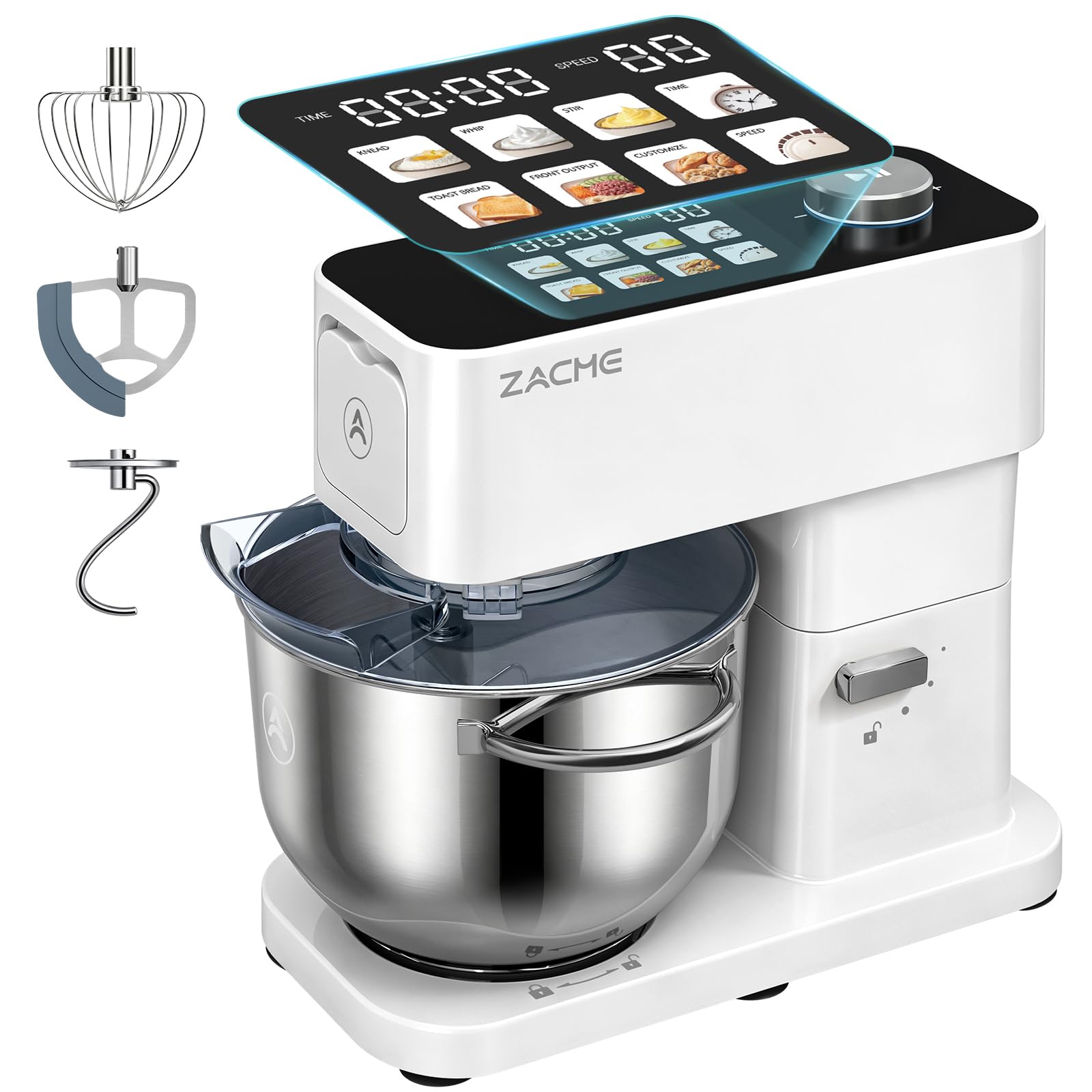 ZACME Robot kuchenny 1200 W | miska ze stali nierdzewnej 5,2 l | cichy silnik DC | 11-stopniowa przekładnia | w zestawie 3 narzędzia do mieszania (hak do zagniatania, trzepaczka, trzepaczka) | obudowa