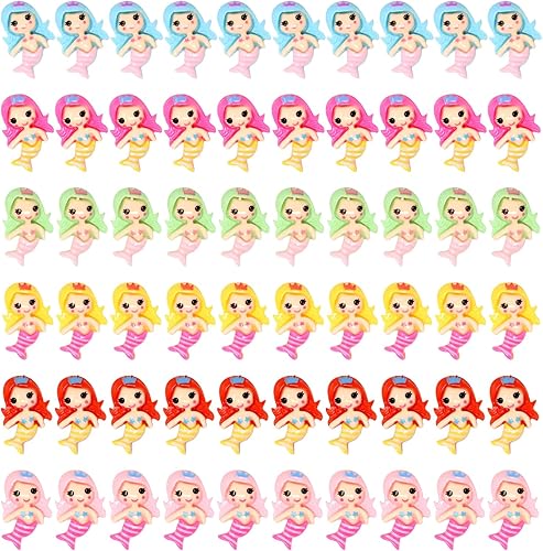 Honbay 60 dijes de resina con parte trasera plana de sirena, pequeños encantos de limo de sirena, adornos de resina con temática oceánica, adornos