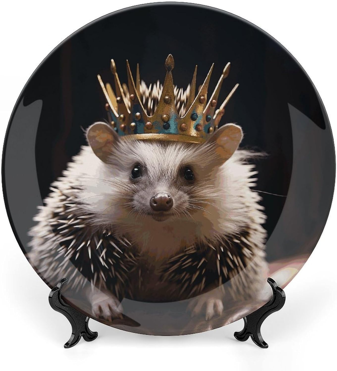 Crown with Hedgehog Ceramic Plate 10inch Decorative Bone China Wall Hanging Ornament Plates Bohemian Style Dinner Plate with Display Stand Cabinet Display Plates for Home Art Decor