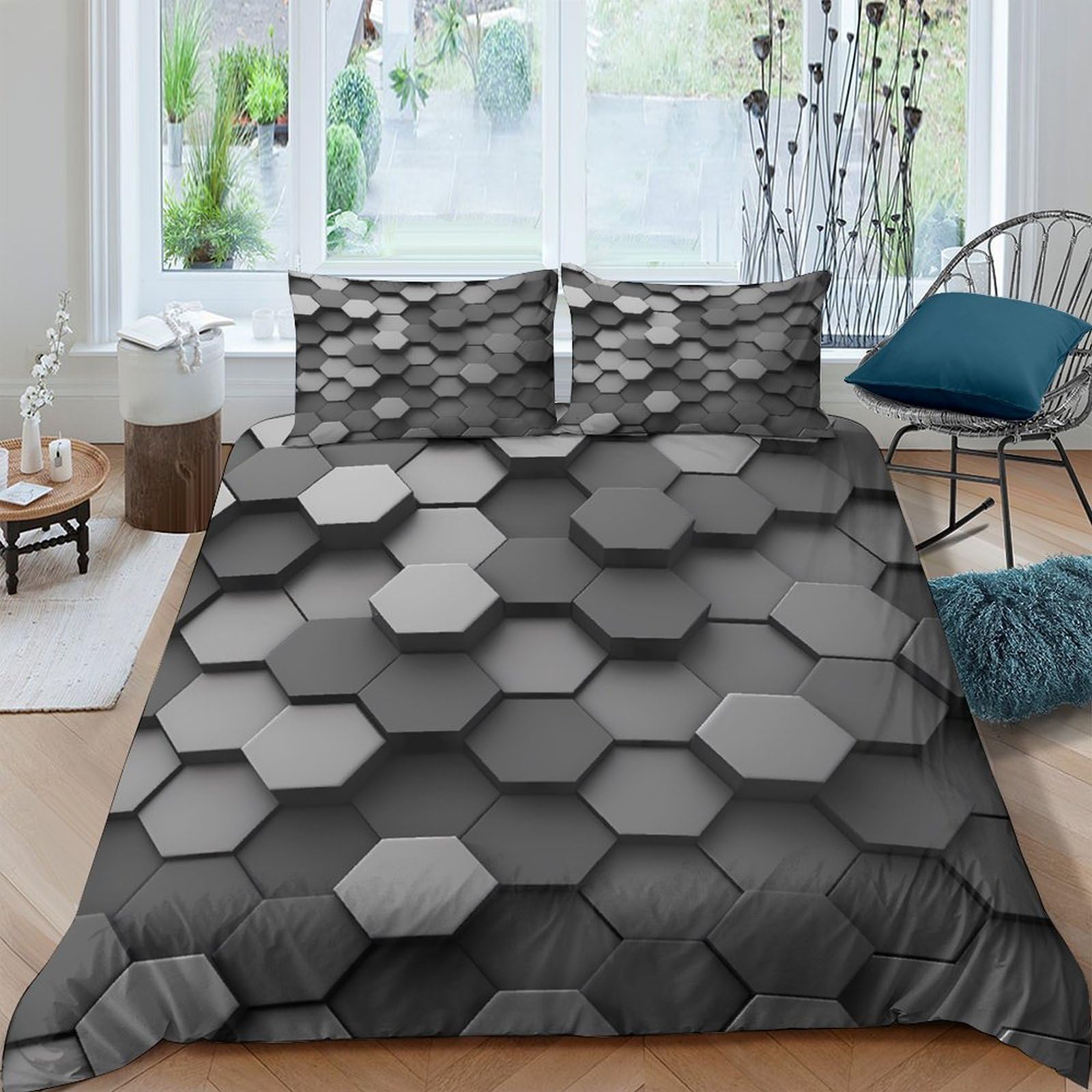 Parure de lit King 220x240cm à motif hexagone en microfibre avec fermeture éclair
