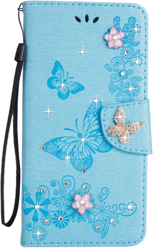 iPhone 6S Case [Free Tempered Glass Screen Protector],Mo-Beauty Bling Sparkly Diamonds Gems Butterfly Design PU Leather Flip Wallet Case Cover for Apple iPhone 6/6S (Blue)