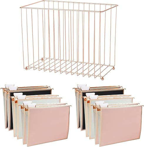 Miniatura 9 de Y YOMA Paquete de 1 organizador de archivos colgantes de escritorio de oro rosa | Paquete de 12 carpetas colgantes de oro rosa con pestañas e Oro