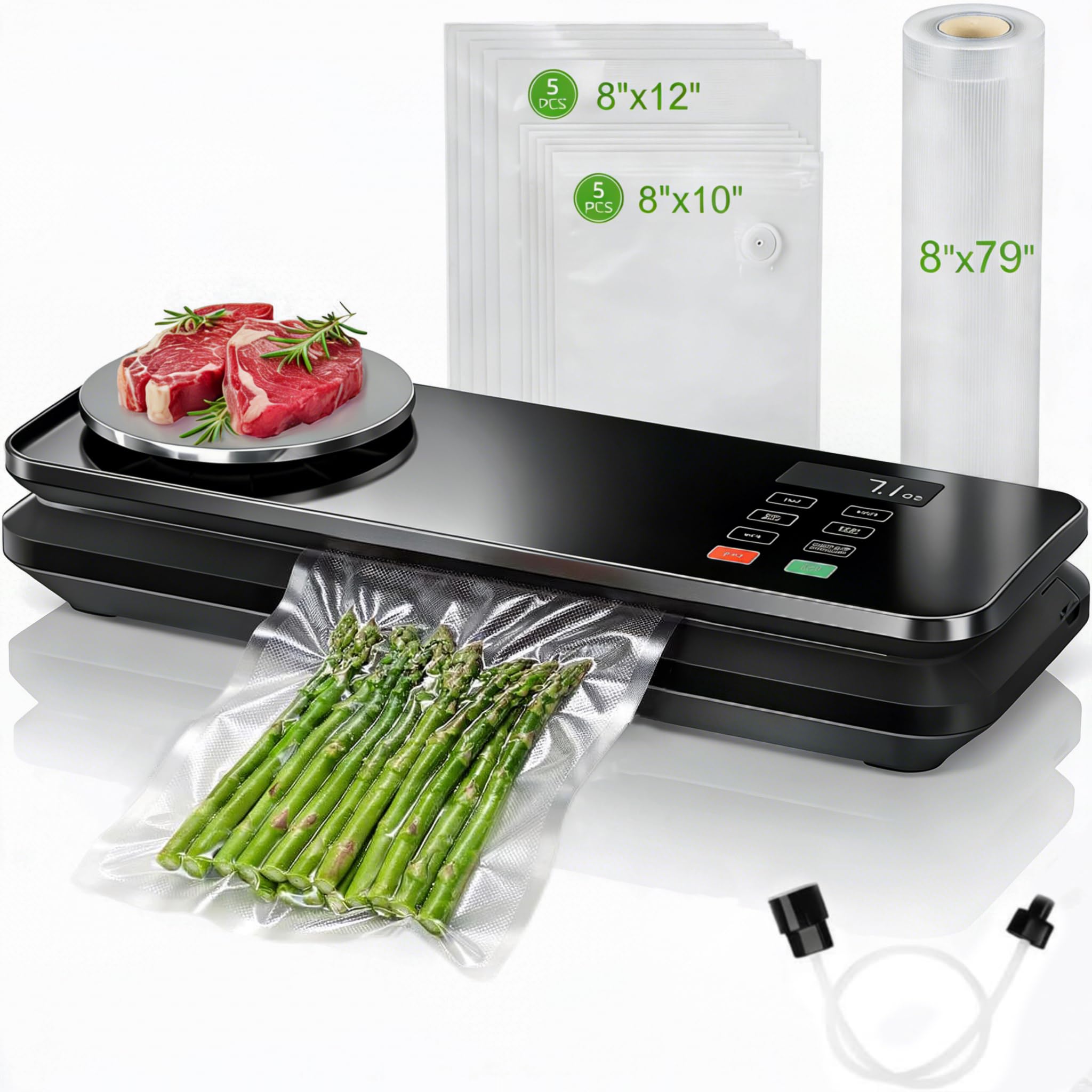 Food Vacuum Sealer Machine, 90KPA with Kitchen Scale, One-Touch Automatic, Multiple Modes​​, with 10 Sealer Bags and 1 Roll, Built-in Cutter, Black