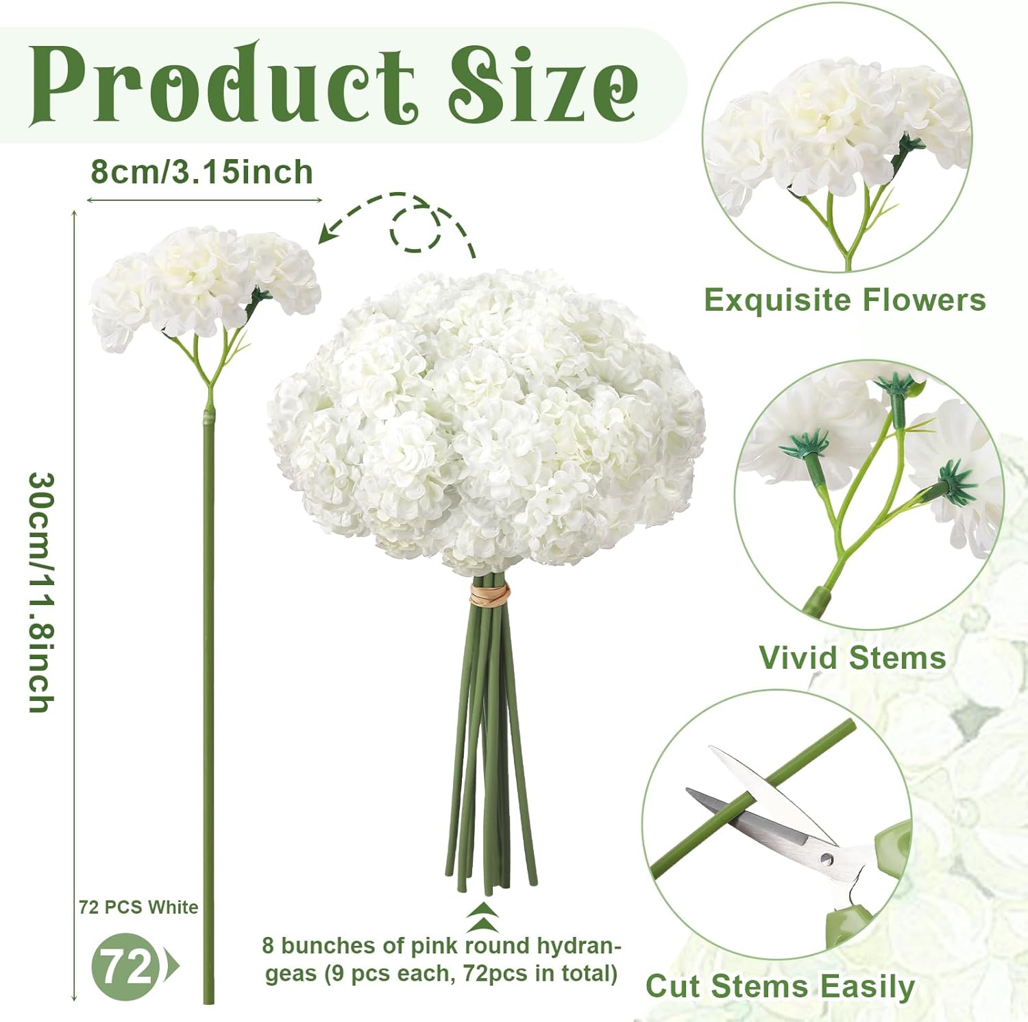 72 Pcs White Hydrangea Artificial Flowers, Round Floral Bouquet for Home Decor, Wedding, Party, and Seasonal Decoration, Realistic Fake Flowers for Centerpieces, Aisle, Table Arrangements - Image 2