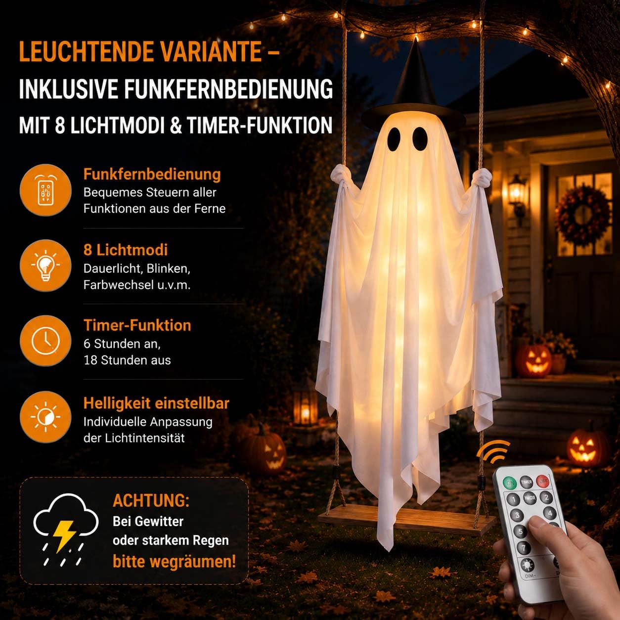 Swinging Ghost mit Fernbedienung & Led, Halloween HäNgender Schaukelgeist, Leuchtende Geist mit Holzschaukel, füR Garten, Hof, Veranda, Feiertage (B-Leuchtend)