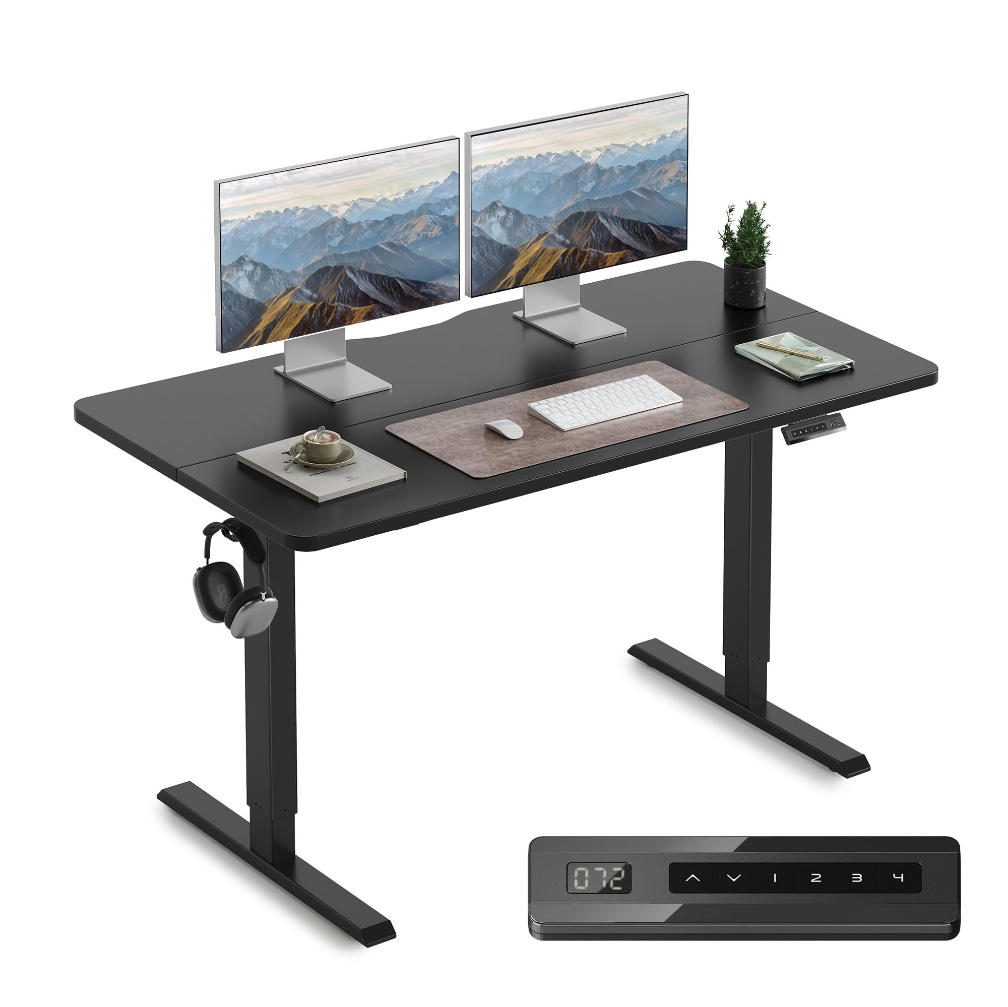 FEZIBO Standing Desk 55 x 24 Inch, Height Adjustable Desk with Free Keyboard Tray, Electric Sit Stand Desk with 4 Memory Buttons, Home Office Table with Splice Board, Midnight Black