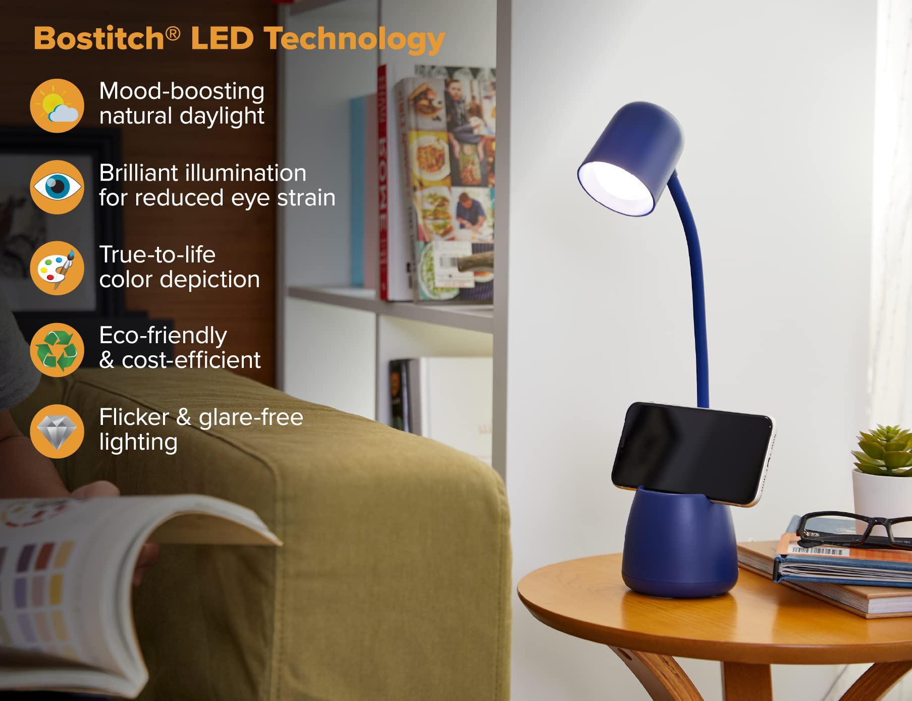 Office LED2105-NVY - Lámpara regulable con taza de almacenamiento, tres niveles de brillo, atenuador sensible al tacto, eficiencia energética, azul 8