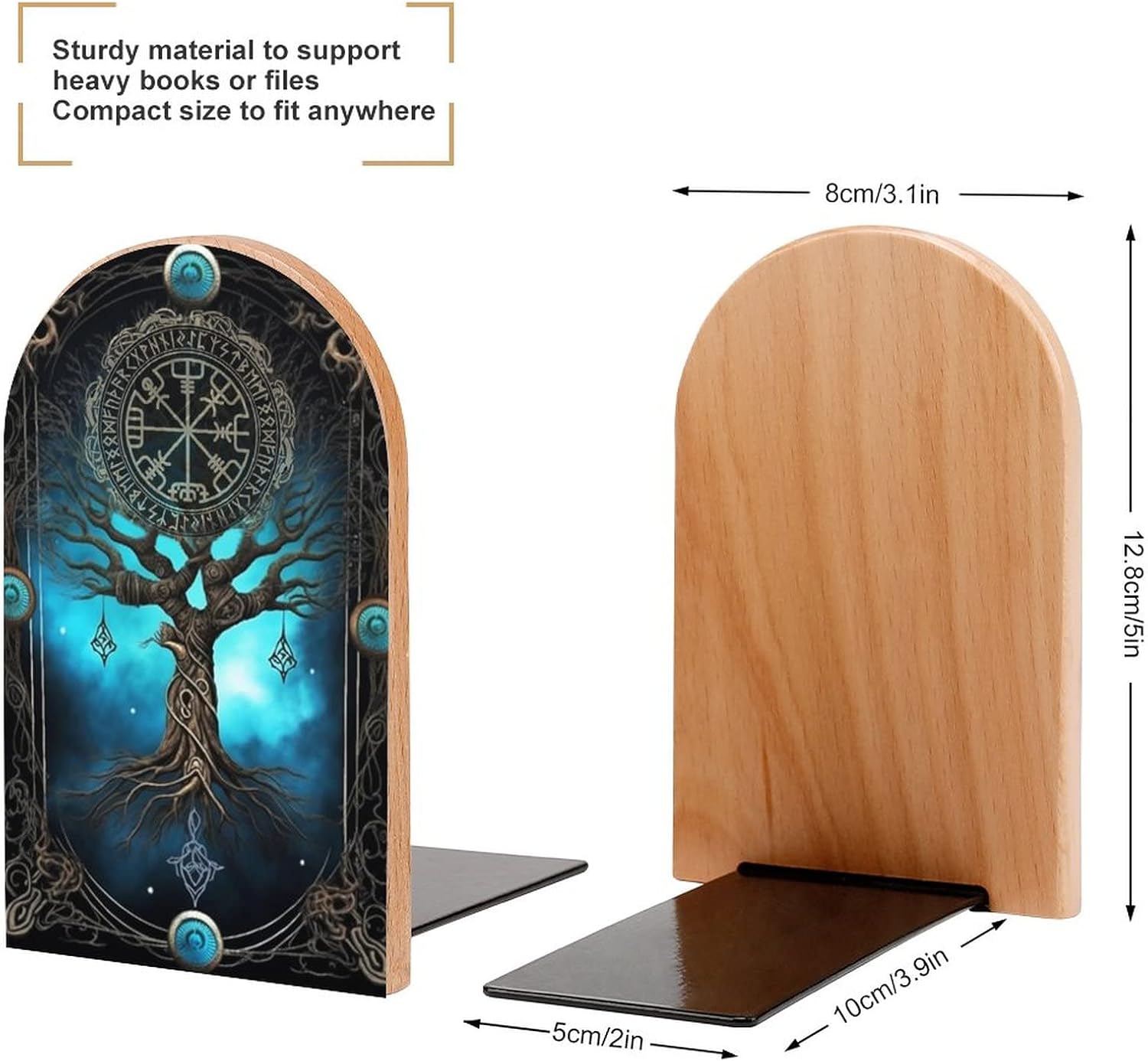 2 PCS Wood Book Ends, Tree of Life Viking Non Skid Bookends for Shelves - 5x3 Inch