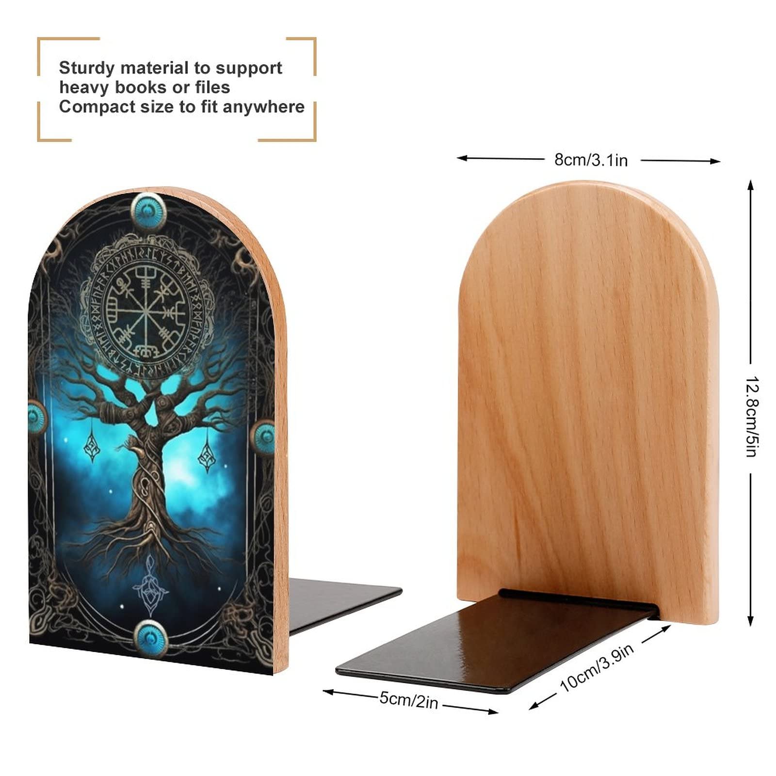 Buchstützen aus Holz, Baum des Lebens, Wikinger, rutschfeste Buchstützen für Regale, 12,7 x 7,6 cm, 2 Stück