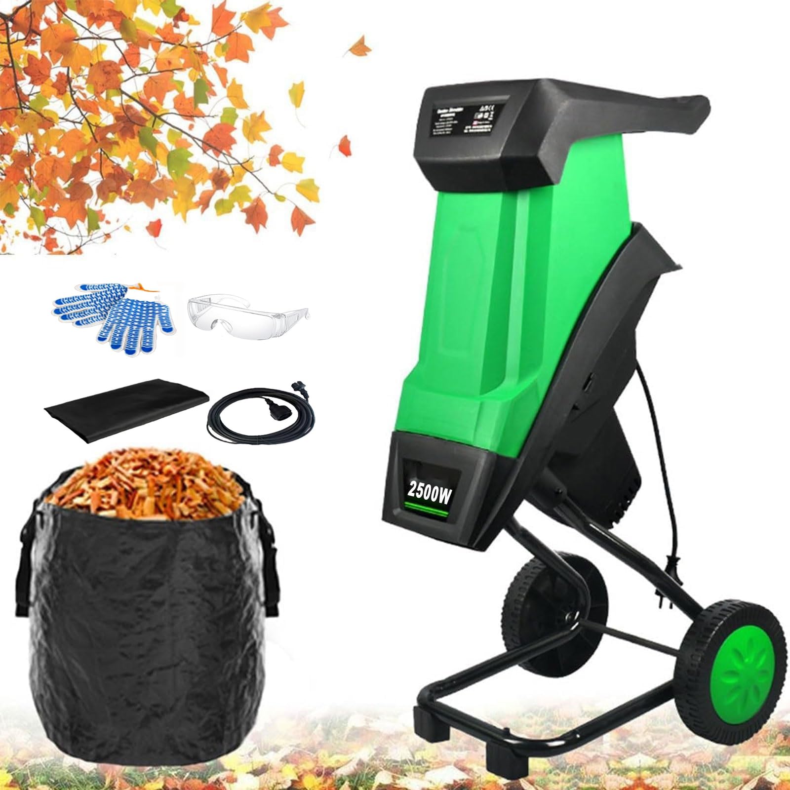 Broyeur de branches électrique 2500W 4500 tr/min avec sac de ramassage et roues