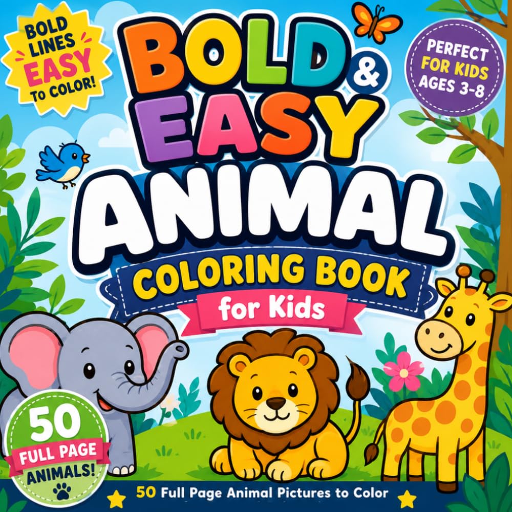 Bold & Easy Animal Coloring Book for Kids: 50 Full Page Animal Pictures to Color for Fun and Relaxation