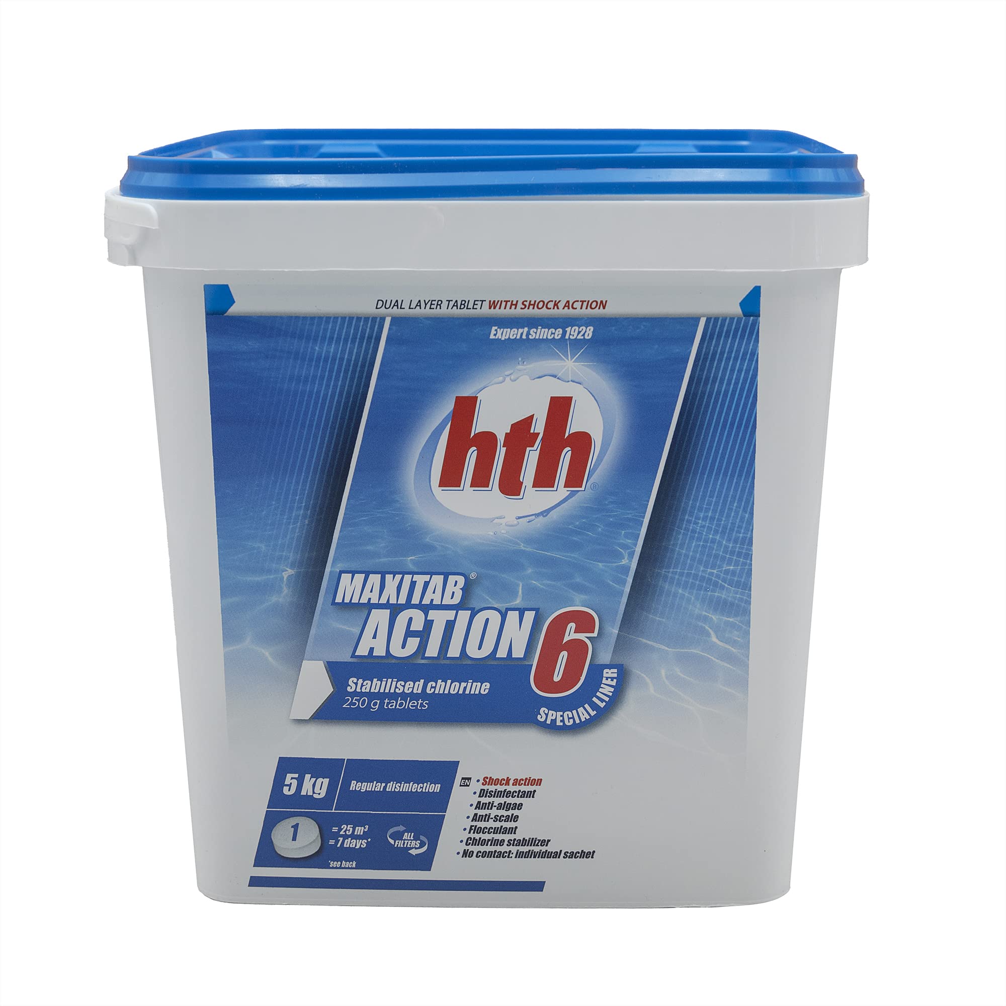 HTH MAXITAB Action 6 Galet 250g Bi-Couche Spécial Liner - 5kg | Chlore Lent stabilisé Multiaction - Désinfection Régulière Multifonction avec Action Choc + 10 Tests HPS OFFERTS 6 en 1