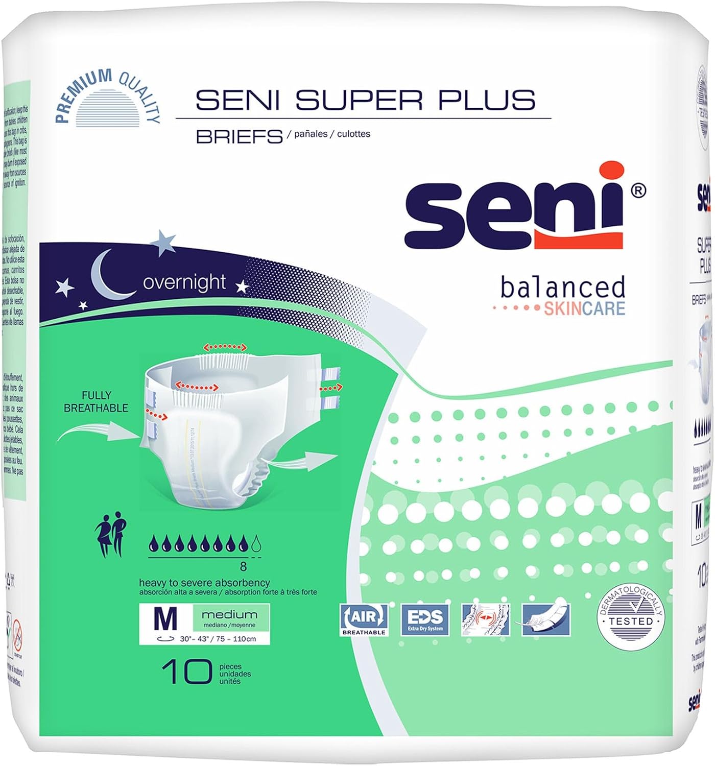 Seni Super Plus Briefs, Medium, Unisex, 30 in, 43 in, 10 ct