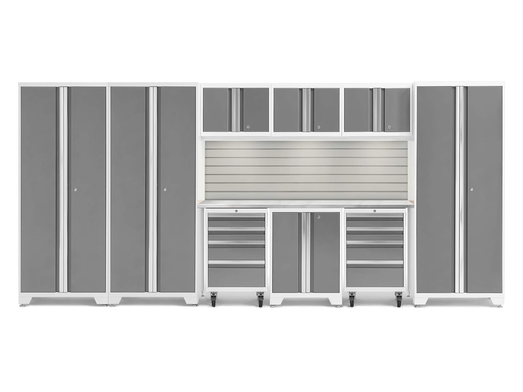 NewAge Products White Bold Series 10PC Garage Cabinetry Set · 24-Gauge Steel · Fully Welded · 162" W x 18" D x 76.75" H, 56983