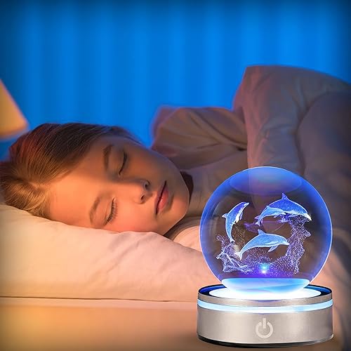 Miniatura 6 de pinyan Bola de cristal 3D con base de luz LED, lámpara de figura única grabada con láser para niños, regalos para amantes de los delfines, novia,