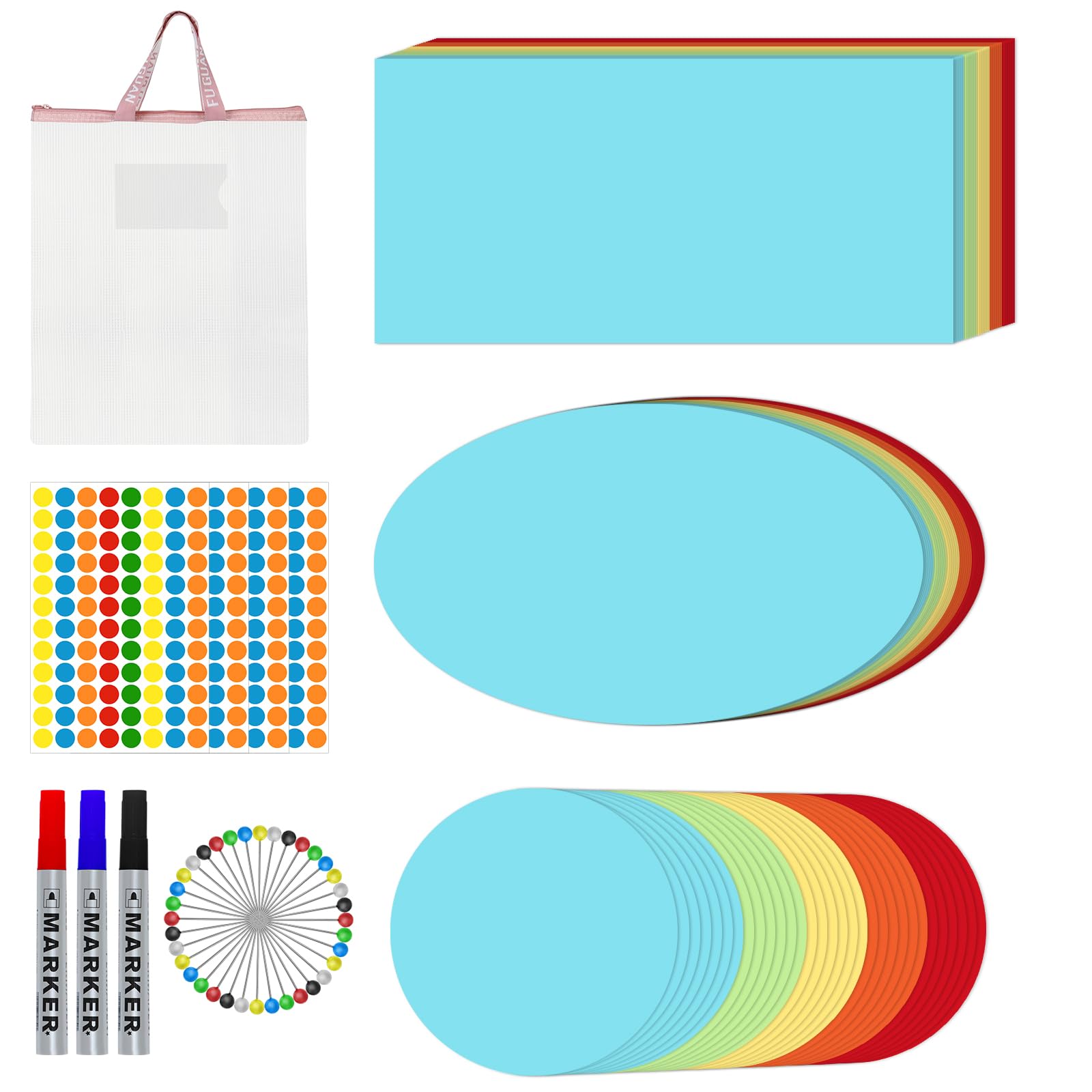 Moderationskarten Set 250 Stück Presentation Cards Rund Rechteckig Oval Präsentationskarten Bunt Moderationskoffer Flipchart-papier mit Dokumentenmappe A4 Lackmarker Stecknadeln Punktaufklebern