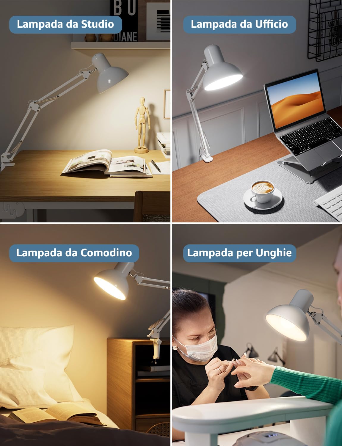 Lepro Lampada da Scrivania Bianco,Lampada da Tavolo con Clip,Flessibile e Regolabile su Più Angolazioni Lampada Scrivania LED,Luce Scrivania Meccanica Retrò,Moderno Base E27(E27 Lampadina Non Inclusa)