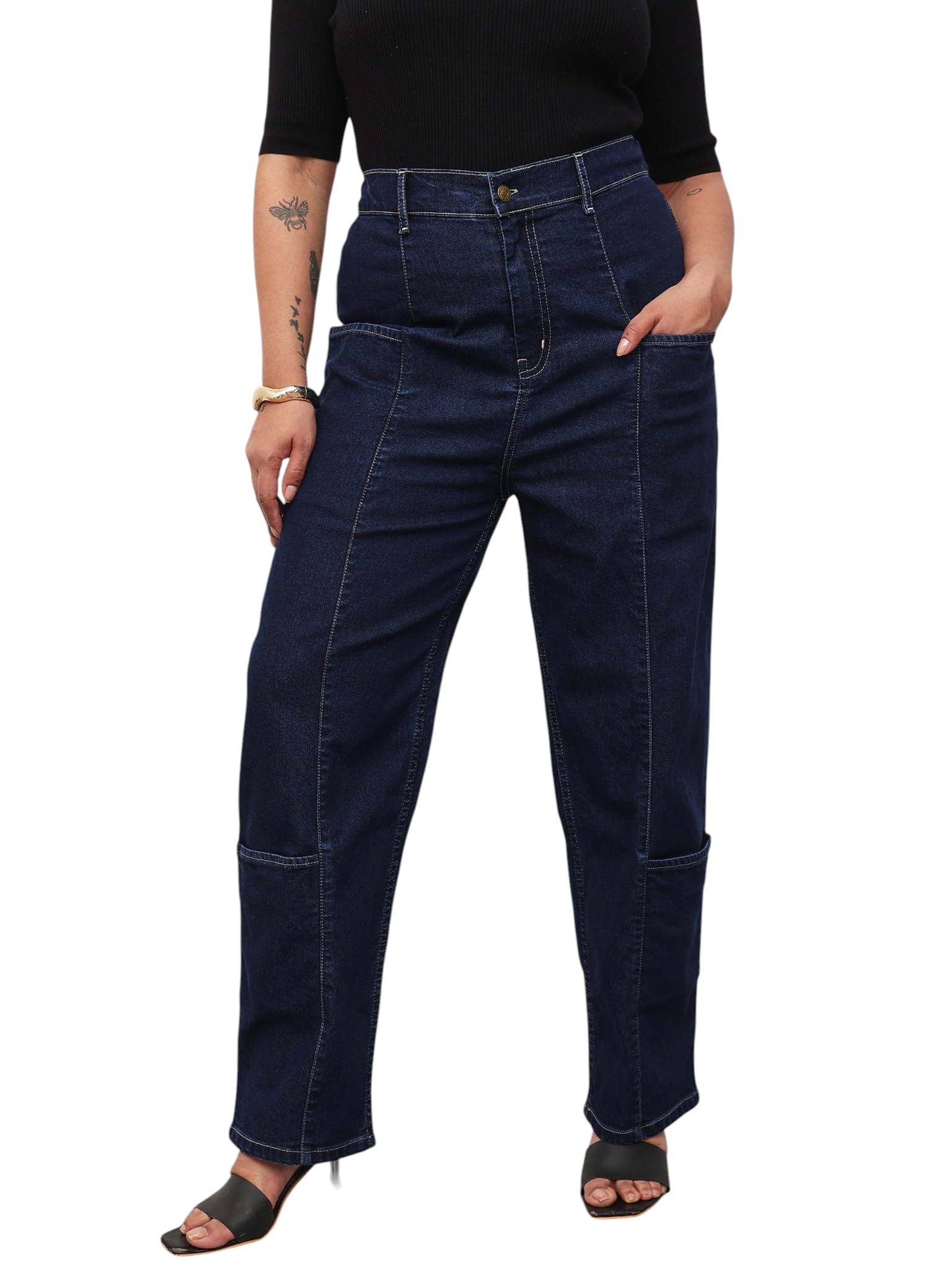 Women's Plus Size Denim Hem Pocket Tapered Fit Jeans-image-10