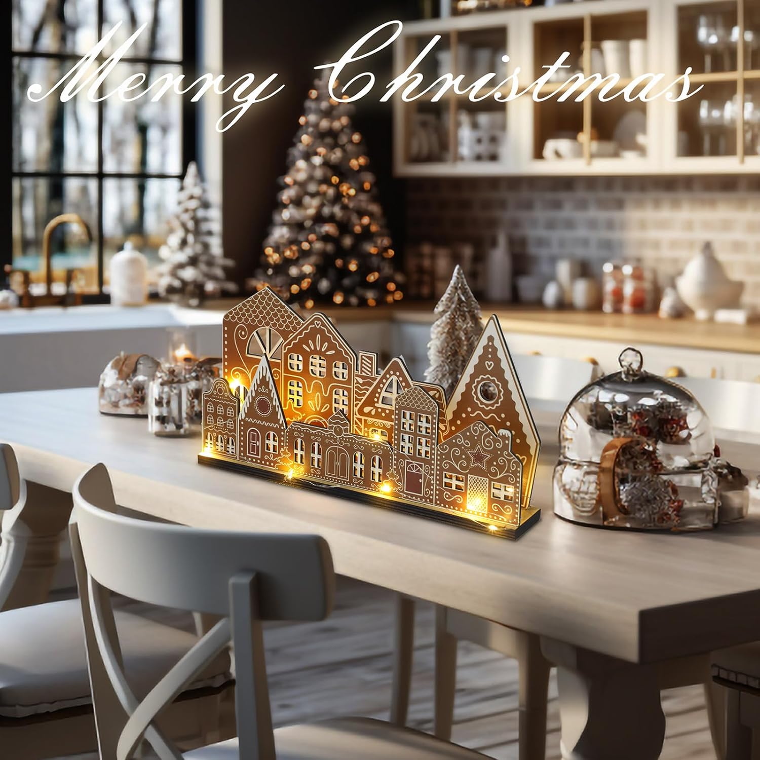 Rossesay Christmas Gingerbread House Decor with Light Wooden Village Set