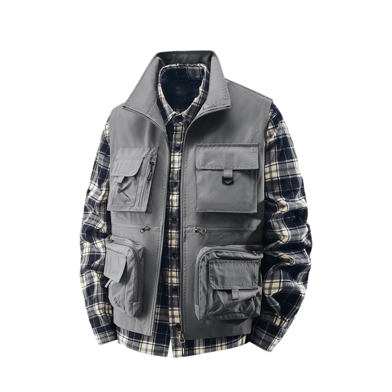 Gilet leggero da uomo per pesca e fotografo, con tasche multiple, gilet da lavoro in stile cargo, colletto alto, cerniera frontale