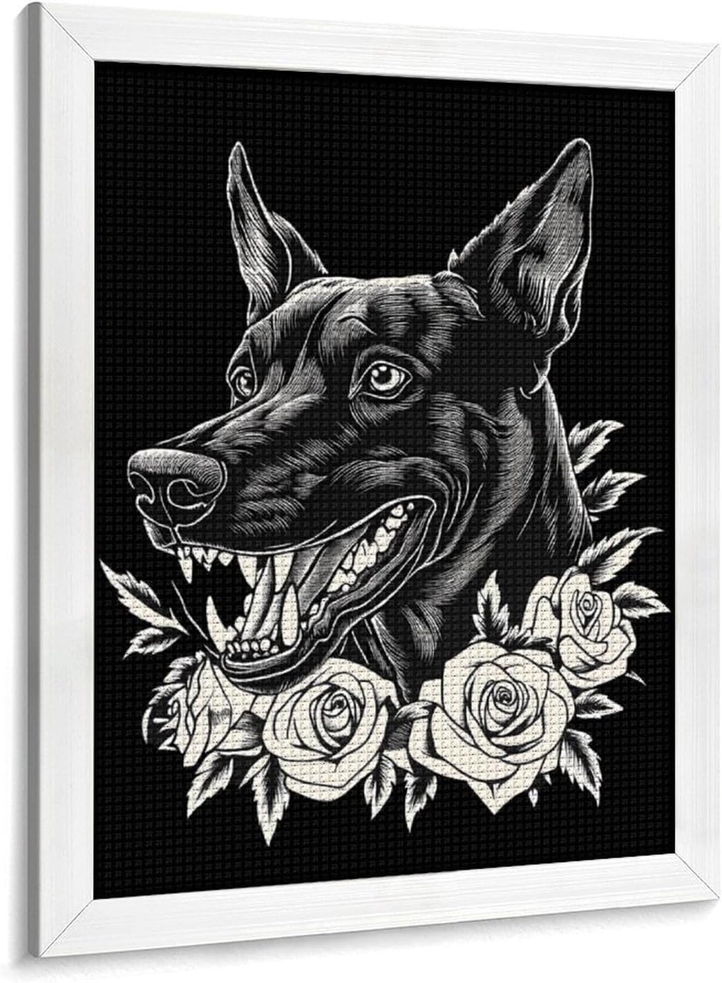 Doberman Dog And Roses Diamond 5D Painting Kits with Frame DIY Full Round Drill Gem Art Crafts for Home Wall Decor 16 X 20in White Wood 40 * 50cm