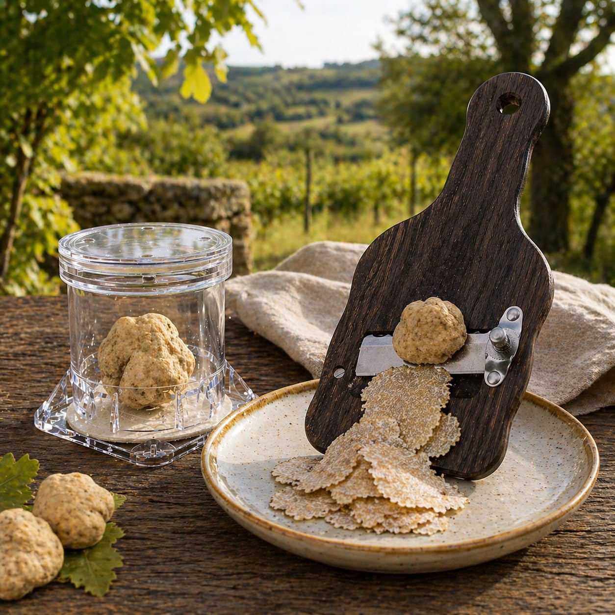 Ambrogio Sanelli Kit Tartufo con Affettatartufi in Legno Rovere Fumigato e Contenitore Tartufo Tuber-Pack - Affettatartufi con Lama Ondulata Regolabile in Acciaio Inox