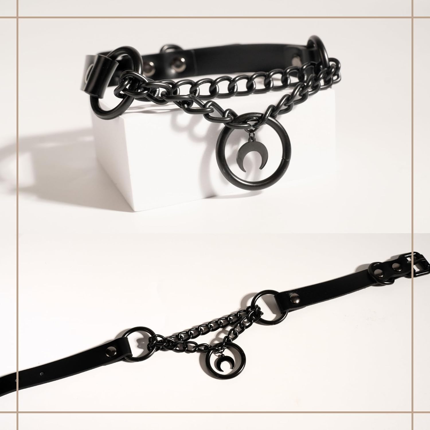 Black Gothic Chain Choker with O-ring and Moon Pendant, Punk Grunge Emo Leather Necklace For Women - Image 4