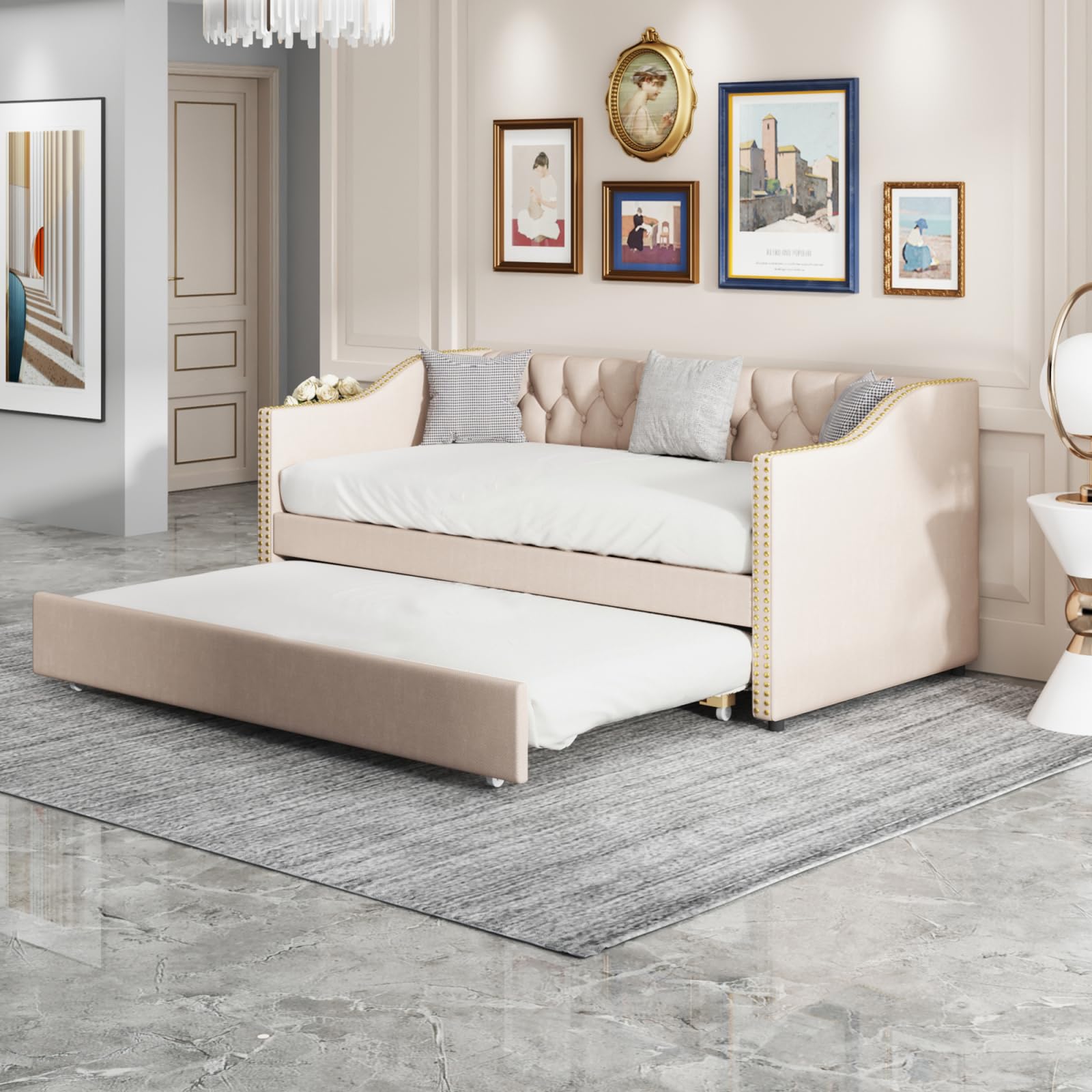 PerGar Sofá cama tapizada y extensible 90/180 x 200 cm, cama juvenil con somieres, multifunción para invitados, estructura de lino beige