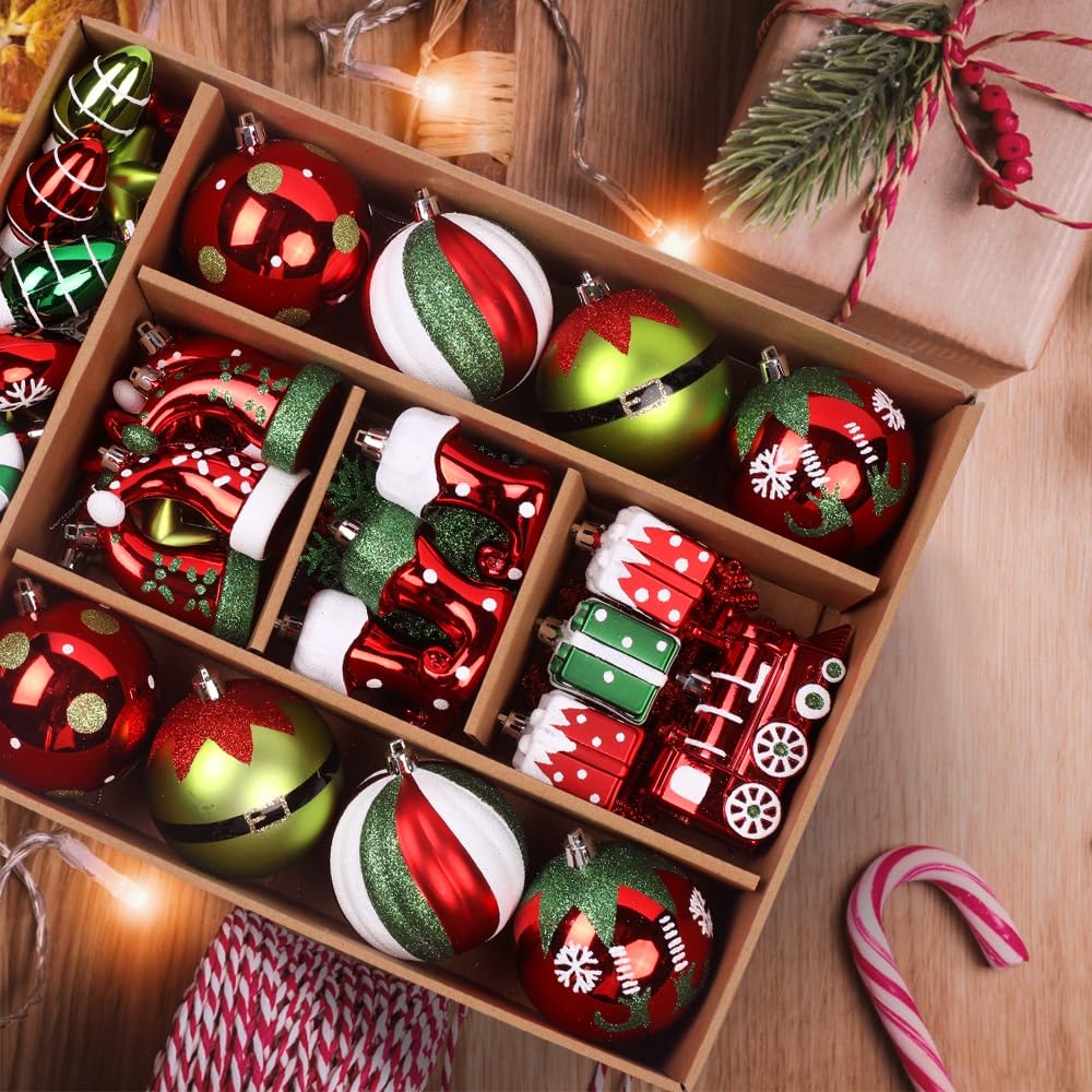 Shareconn 75 pcs Christmas Ball Set - Ornements en Plastique pour la décoration du Sapin, Les fêtes de Fin d'année et Les Mariages - Rouge, Vert et Blanc