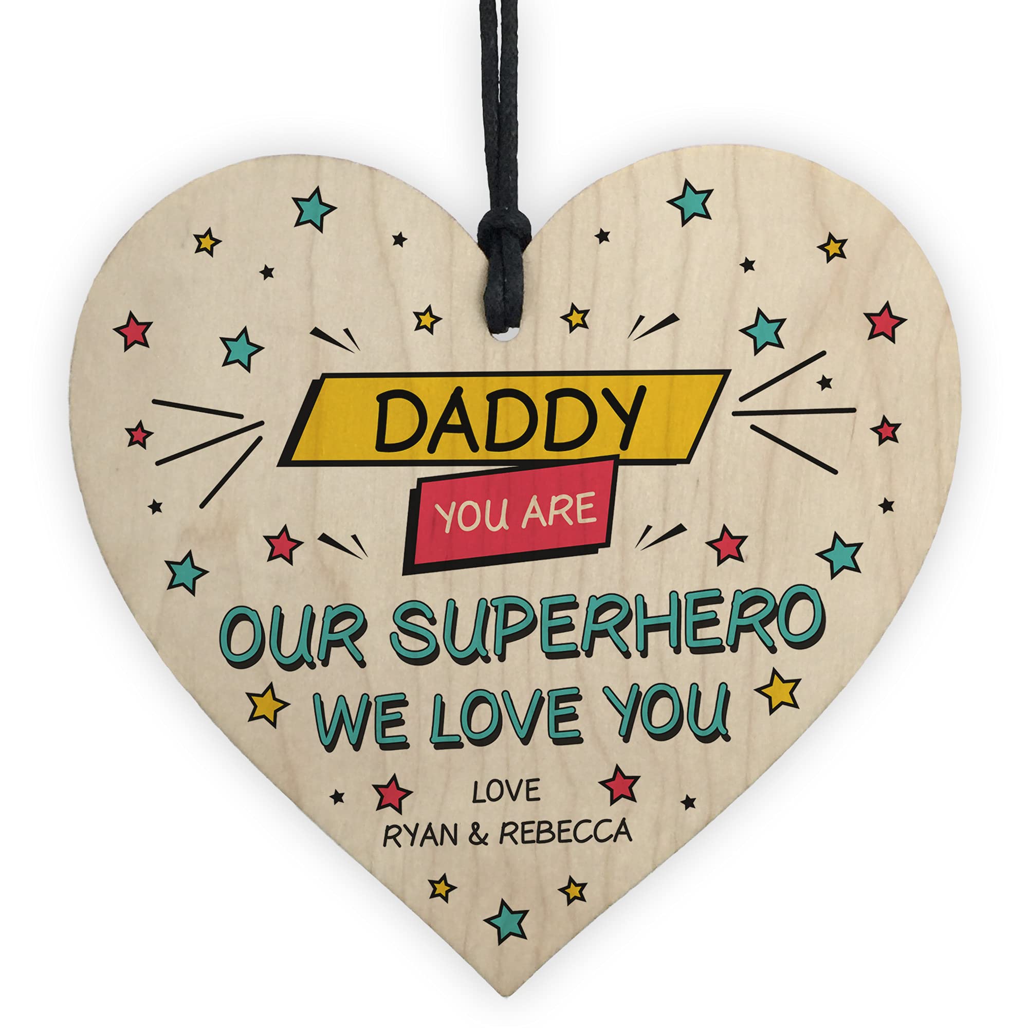 Fathers Day Birthday Gift For Daddy Personalised Wood Heart Superhero Plaque