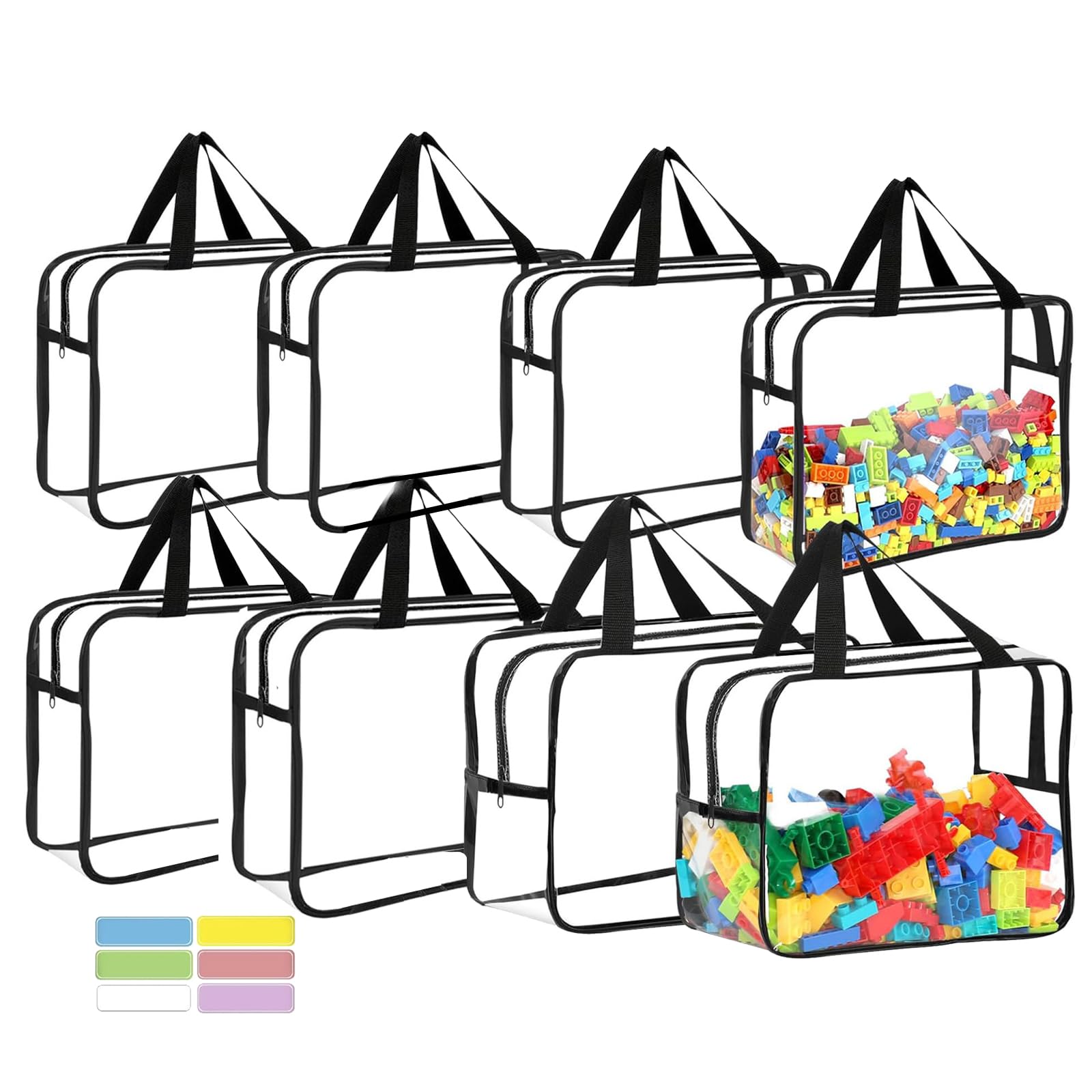8Pcs Clear Toy Storage Bags with Black Trim, Transparent Toy Storage Bag, Reusable PVC Zipper Bags for Lego Blocks Puzzles Small Parts, 11.8 x 8.6 x 3.9 Inch