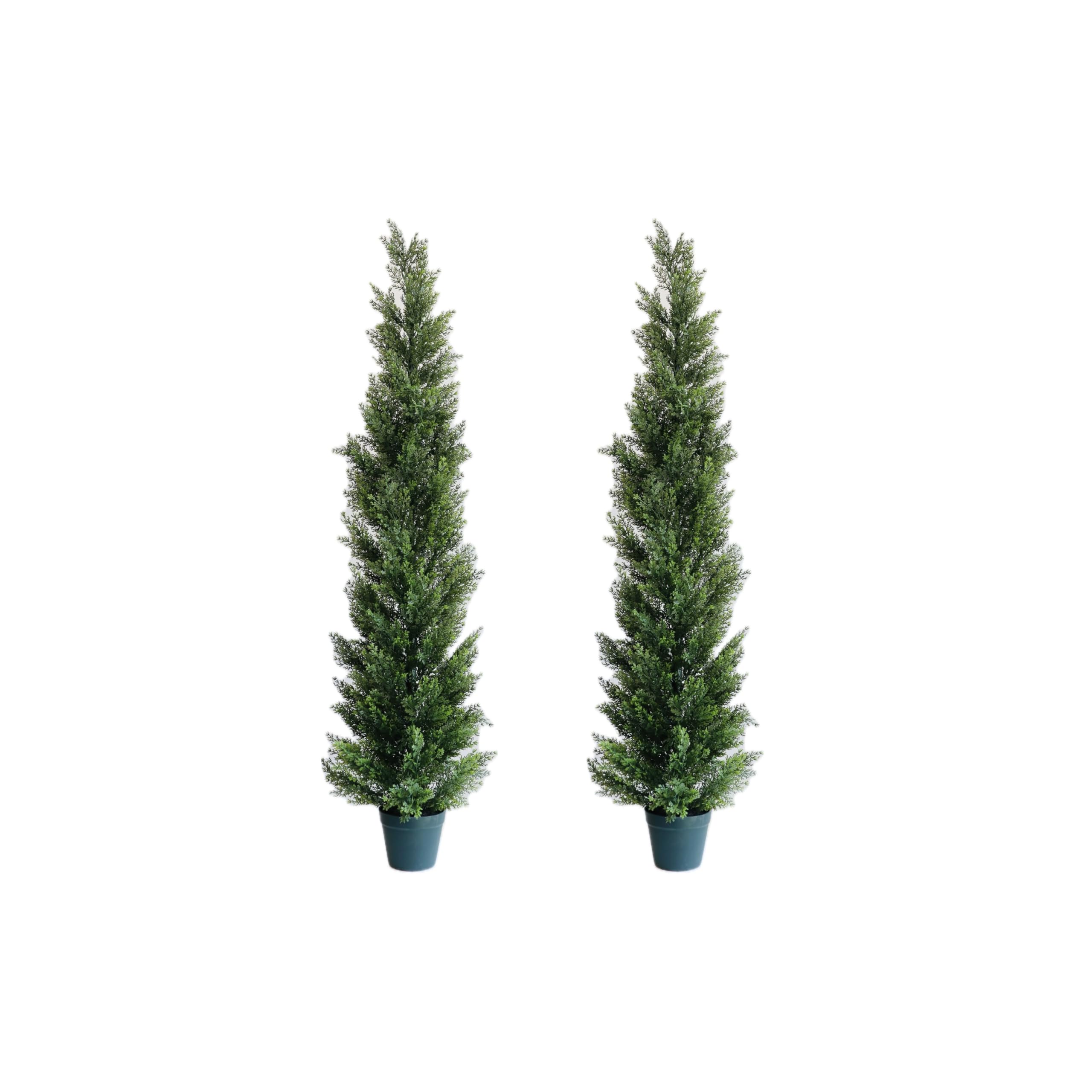 5 feet outdoor artificial topiary cedar tree, set of 2 uv resistant potted faux cedar trees for outdoors and indoors, decorative fake shrubs topiary trees for home living room front door decor