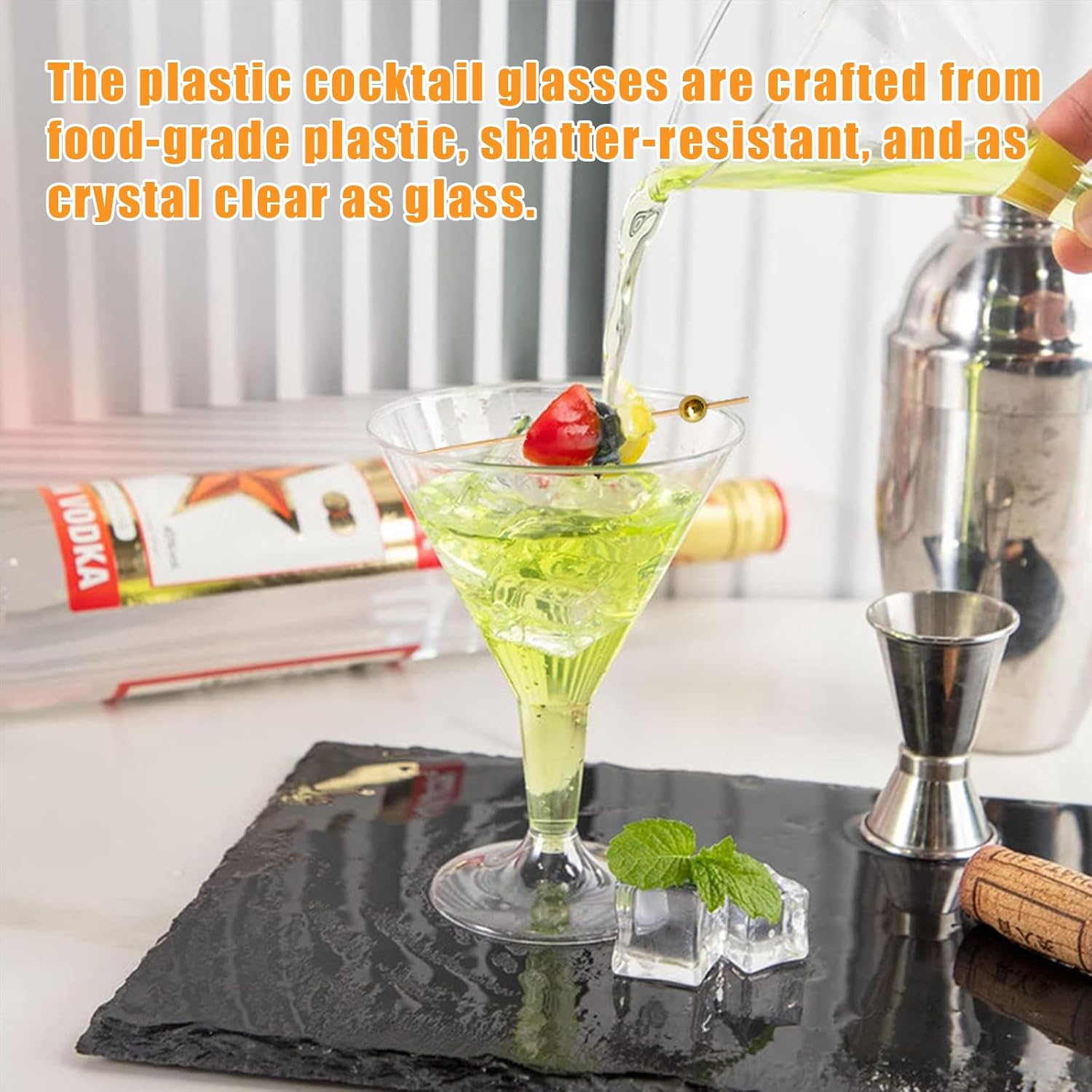 72 Pack Plastic Martini Glasses with 100 Cocktail Sticks, 6.5 oz Disposable Clear Stemmed Cocktail Cups for Party, Wine, Champagne, Margarita, Desserts, and Appetizers Reusable Dessert Cups