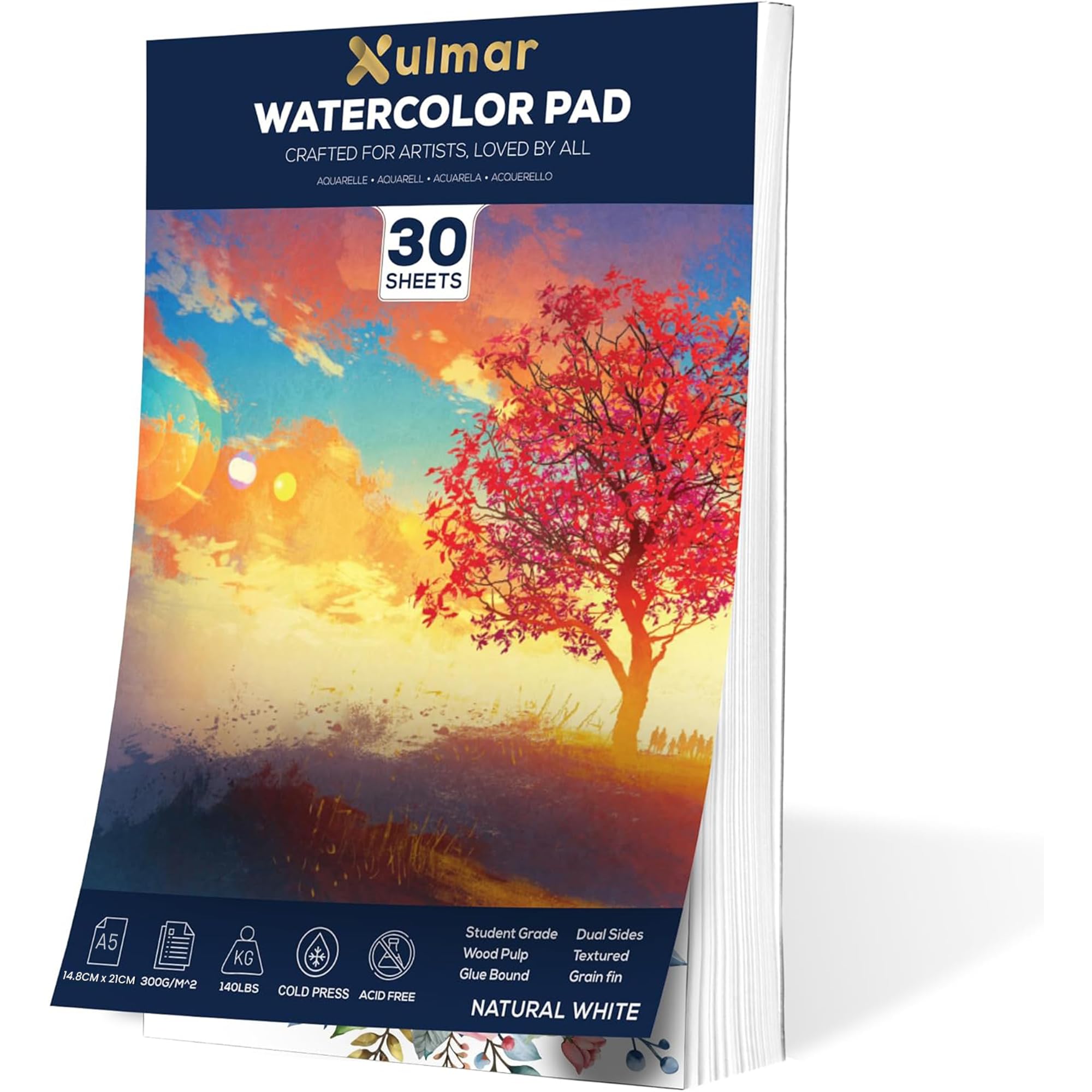 Xulmar Watercolour Paper Pad - A5x 30 Sheets, 300 GSM Cold-Pressed 100% Acid-Free pulpwood Material | Natural White, Glue-Bound for Watercolor Painting