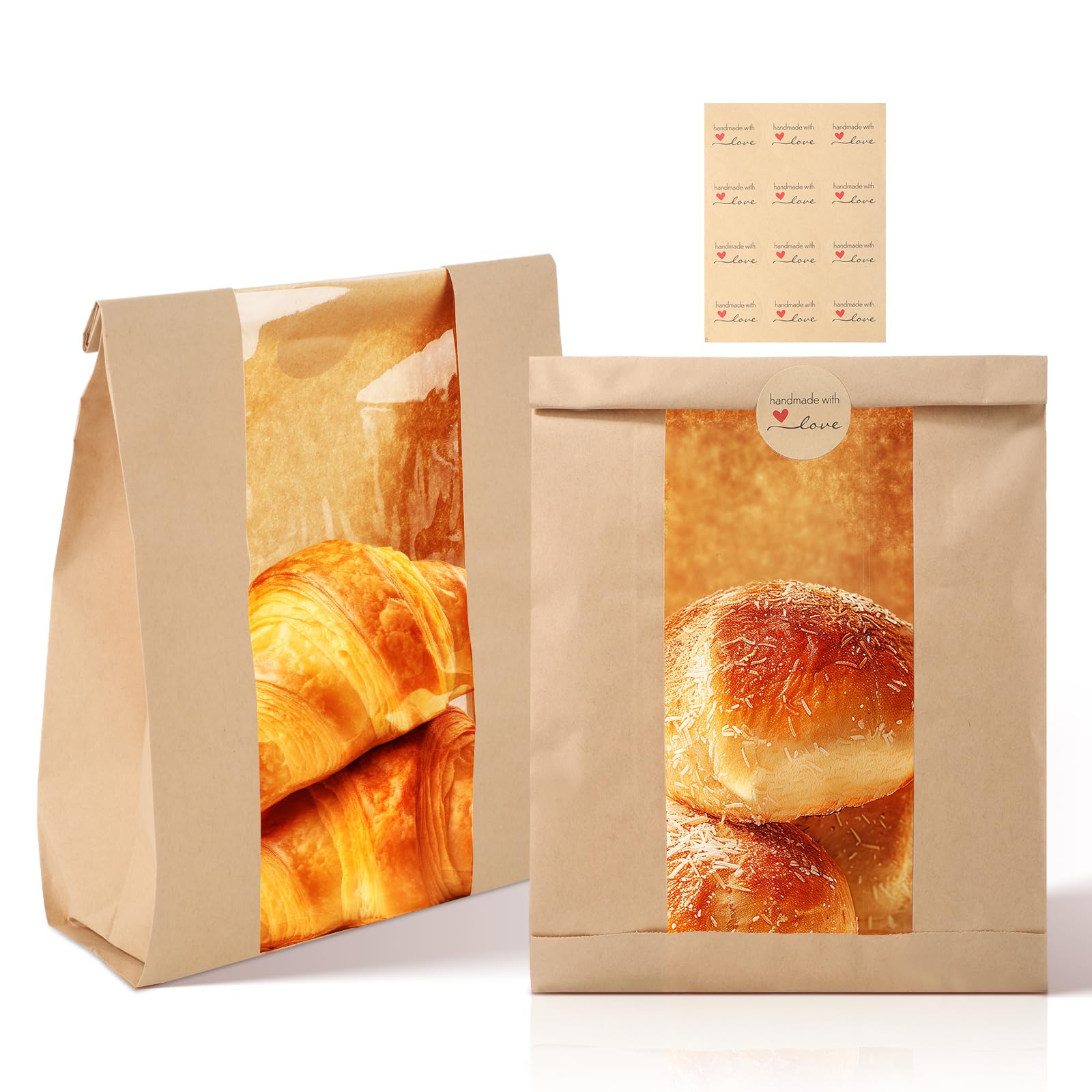 Cyblinia 60 Pack Toast Paper Bakery Bags Kraft Paper Bread Loaf Bags with Window for Loaf Pastry Cookies Candies with 60 PCS Label Seal Stickers (13.8