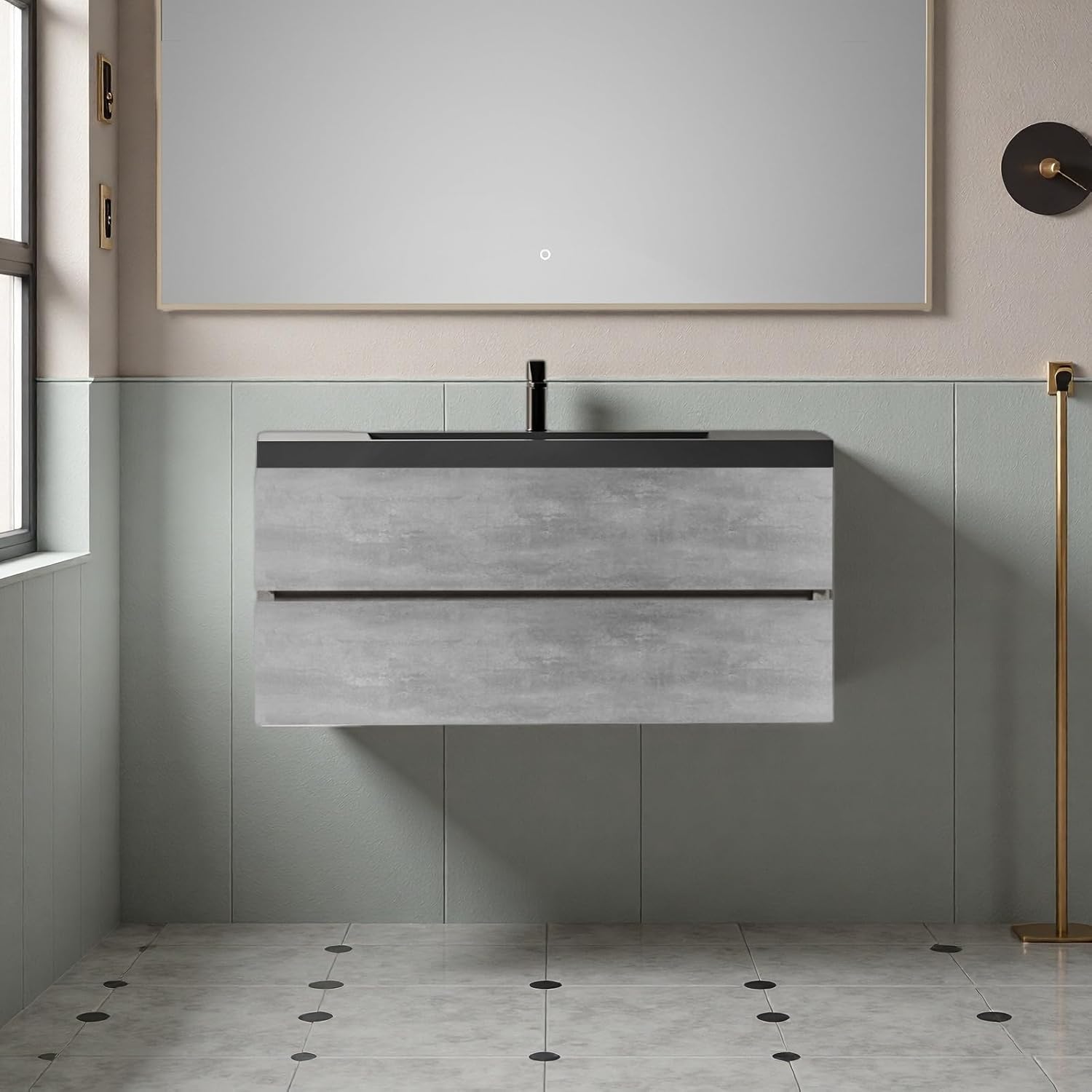 30" Bathroom Vanity with Sink, Floating Bathroom Vanity with One-piece Quartz Sand Basin, 2 U-Shaped Storage Drawers & Hidden Handles, Modern Home Wall-Mounted Vanity, Cement Grey