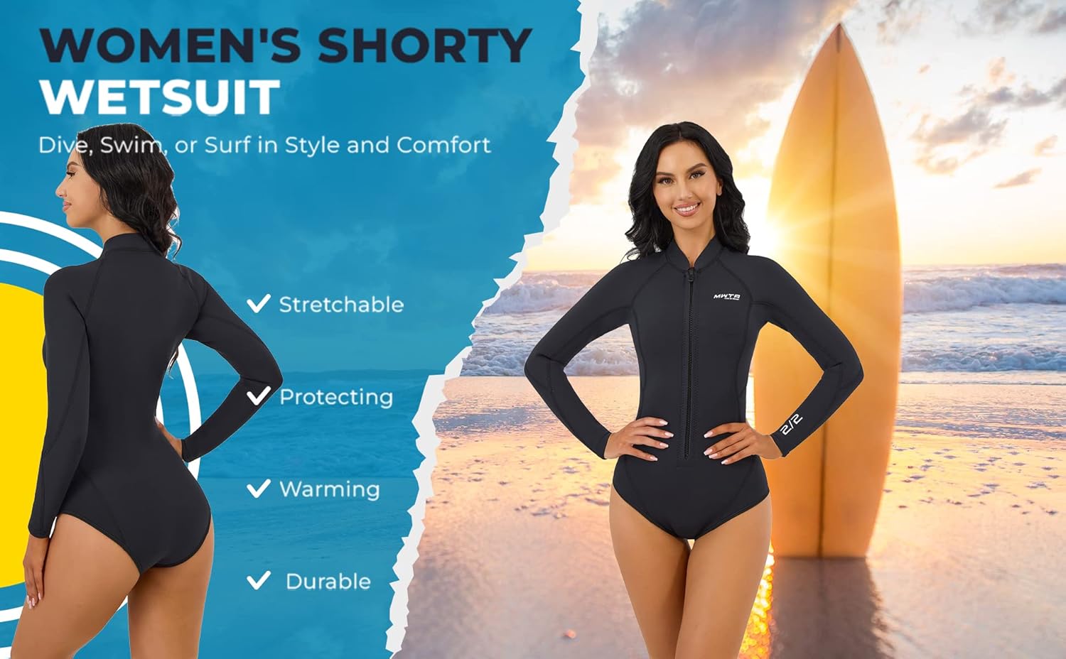 MWTA Women Shorty 2.0mm Neoprene Wetsuits Front Zipper for UV Protection Surfing Diving Snorkeling Kayaking etc Water Activities - Image 3