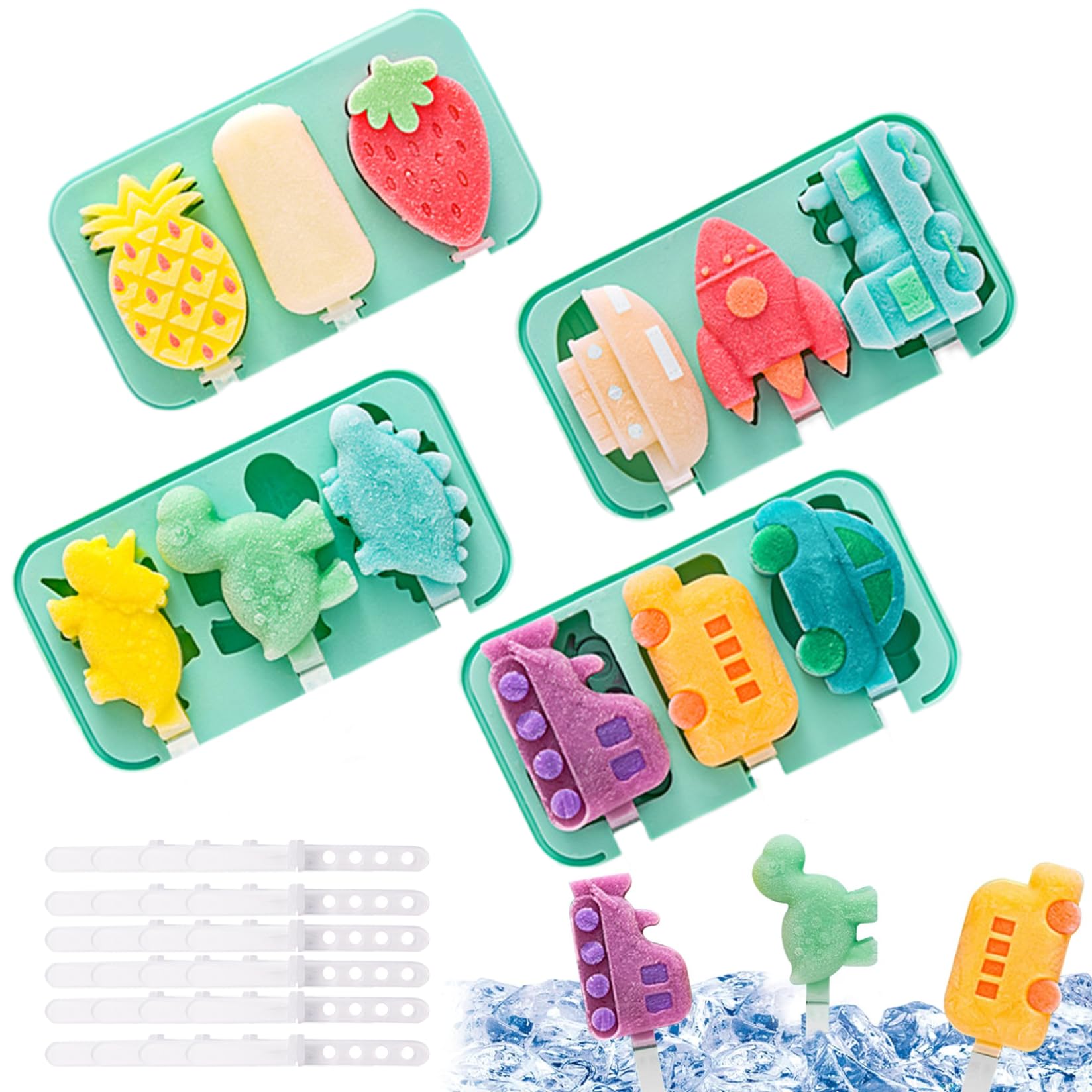4 moldes de silicona para paletas de bebé, 3 cavidades, sin BPA, molde para helado, lindo dinosaurio, frutas, forma de coche, molde para hielo con tapa y 24 palos