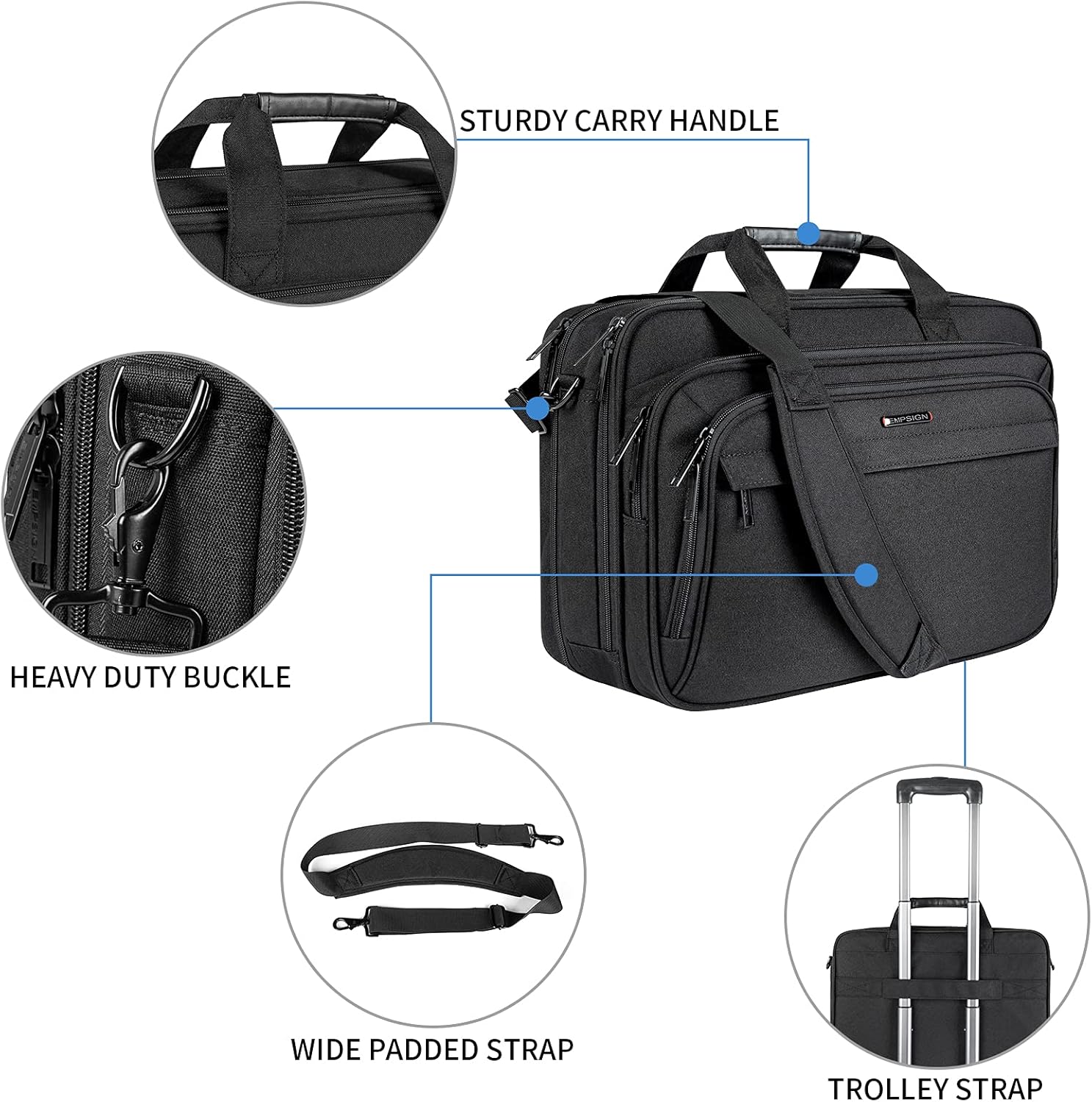 EMPSIGN Spruce Laptop Bag Briefcase, 17.3 Inch Laptop Case Shoulder Bag for Men & Women, Water Repellent, RFID Blocking, Expandable Office Carrying Cases for Work Business Commute Travel School-Black : Electronics