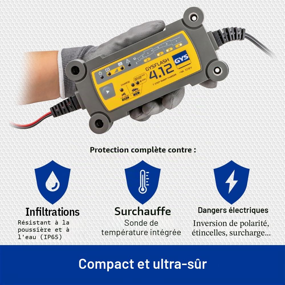 GYS, GYSFLASH 4.12, Chargeur de Batterie Intelligent Plomb (VRLA, AGM, SLA, Gel, Liquide, EFB), 0,8A/4A, Véhicules 12V (Moto, Voiture), Maintien de Charge Sécurisé, Désulfatation, IP65