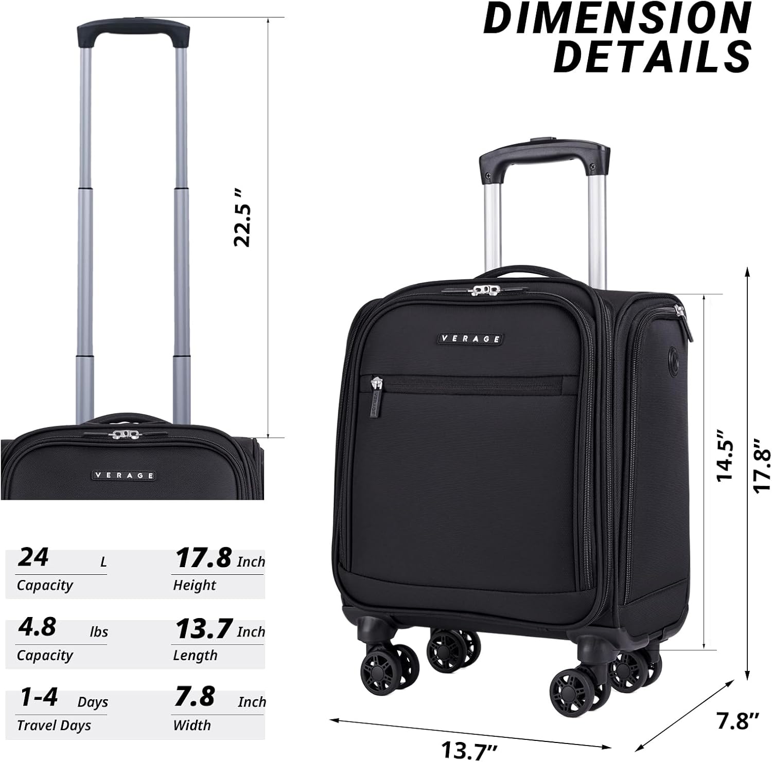 Verage Underseat Carry On Luggage with Wheels, 14.5-Inch Spinner Small Suitcase, Softside Lightweight Travel Bag for Men and Women, Airplane Carry On Bag, Black - Image 2