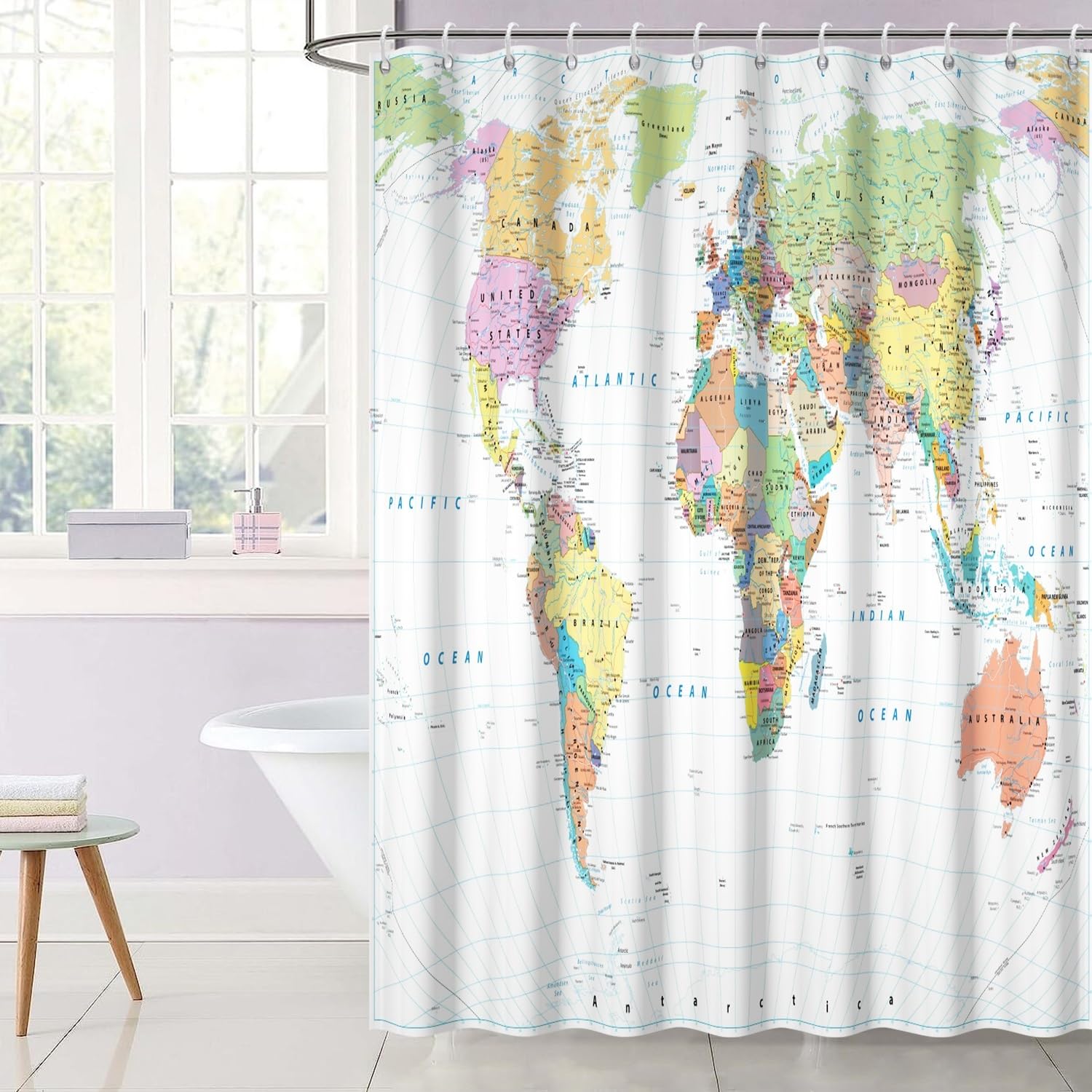 OERJU 69x70inch World Map Shower Curtain Educational Geography Countries Colorful Bath Curtain Waterproof Polyester Fabric Bathroom Decor Set with