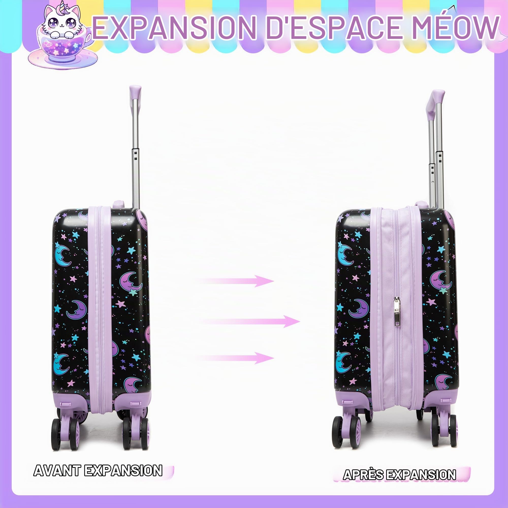 HTgroce 2pcs Valise Enfant 16", Cabine Enfant Chat, Valise Enfant Roulette avec 4 Roues Pivotante à 360° Bagages Enfant