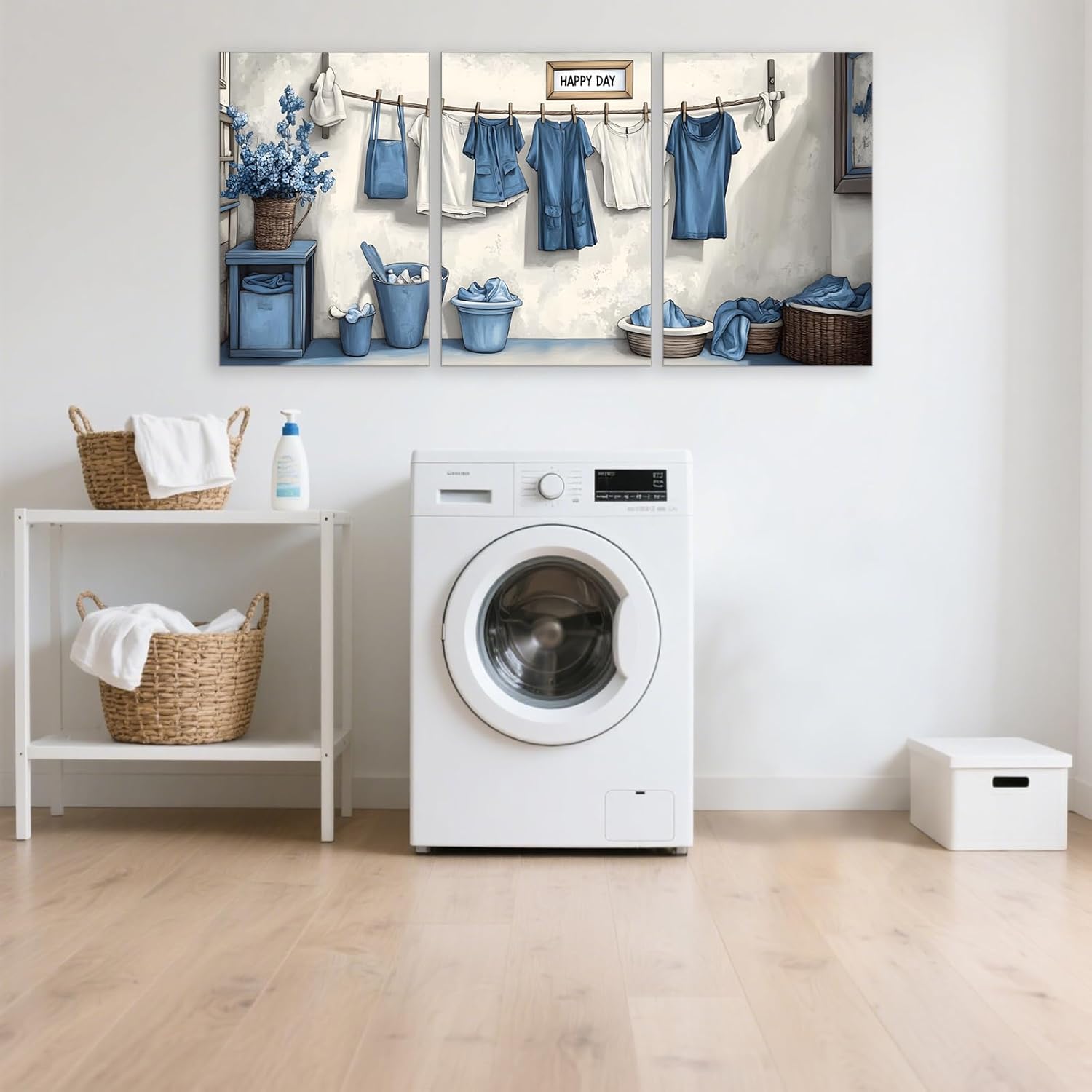 BAOYILONG Laundry Room Wall Art Canvas-3 Panel Blue and White Laundry Picture Paintings for Farmhouse Bathroom Decor Frame (WE58, 12W x16H x3pcs, Framed)