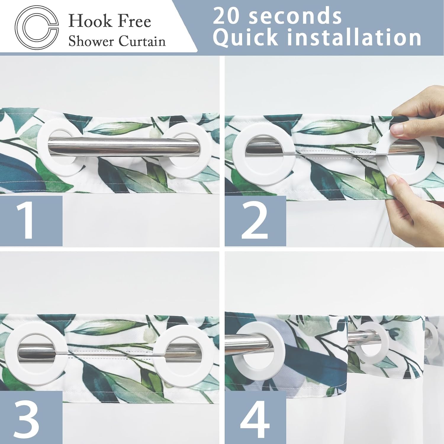 No Hook Shower Curtain with Snap in Liner Set, Blue Hummingbird Eucalyptus Design, Waterproof Fabric Floral Shower Curtains for Bathroom Decor with See Through Mesh Top Window 71x84 Inch