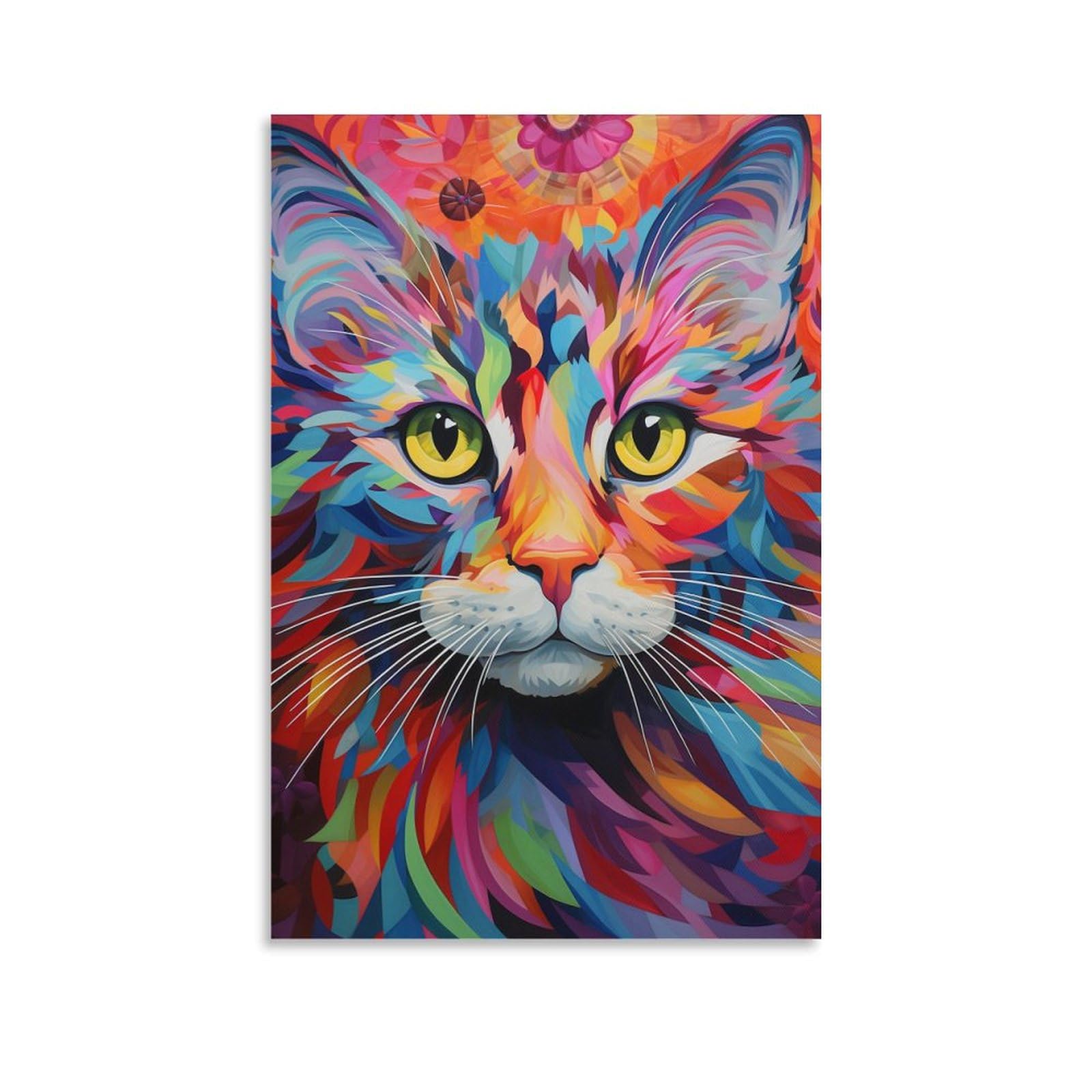Foccar Unframe-Colorful Mysterious Cat Canvas Wall Art Colorful Mysterious Cat Wall Decorations For Living Room Watercolor Abstract Kitten Pattern Hang Pictures Wall Artwork