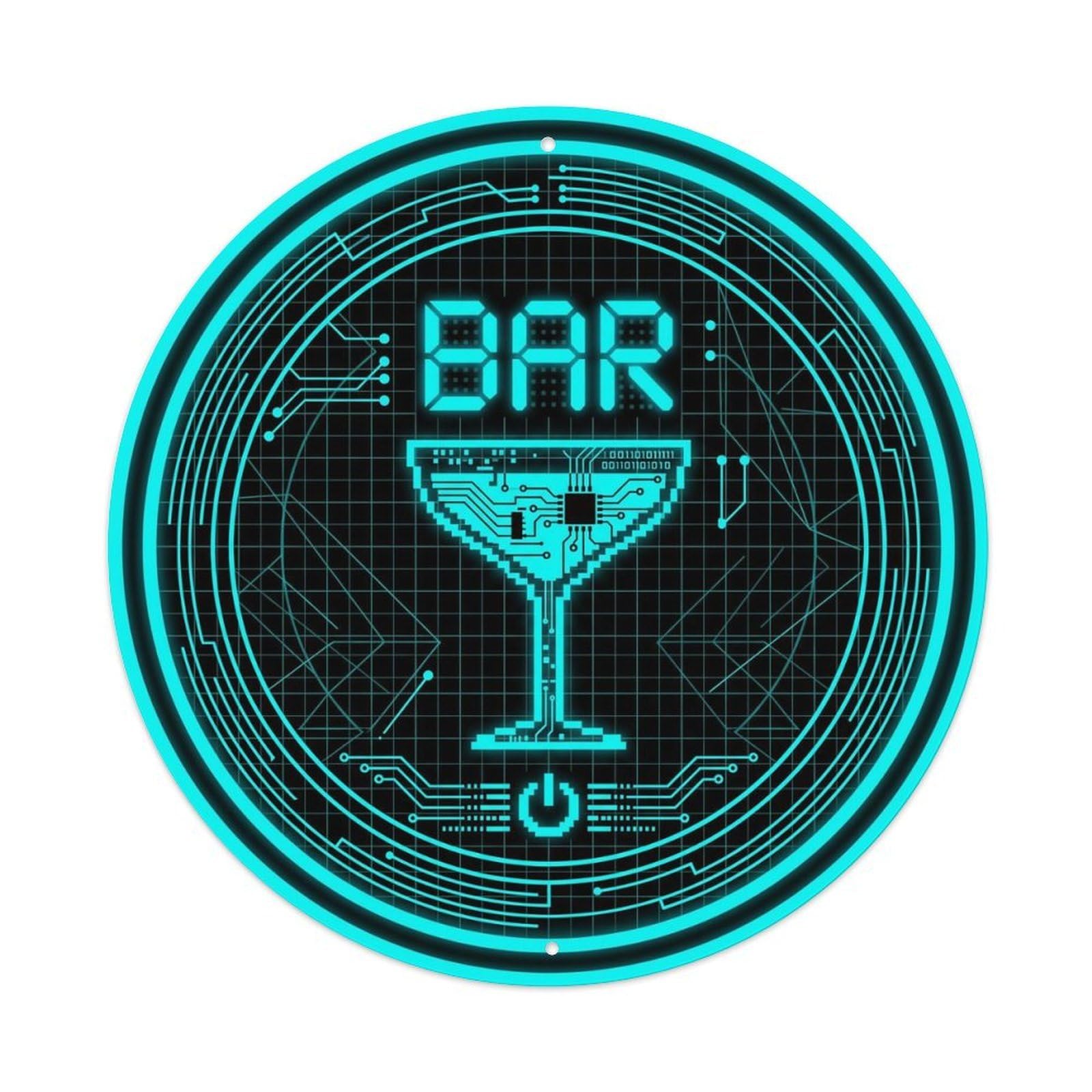 BAR Neon Cyan Lounge Metal Tin Sign Plaque Wall Decor for Cafe, Club Bar, Office, Home Garden Round Metal Poster 8x8Inch